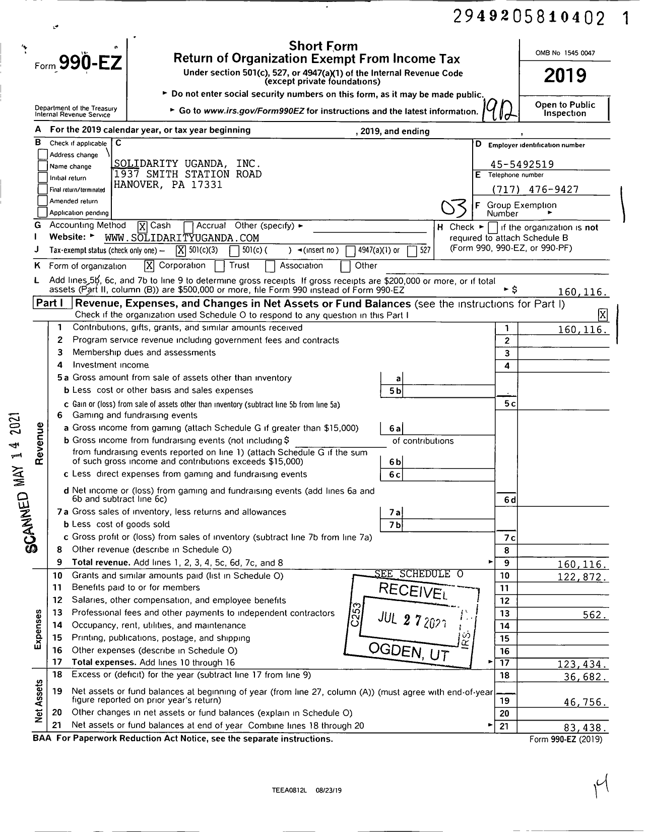 Image of first page of 2019 Form 990EZ for Solidarity Uganda