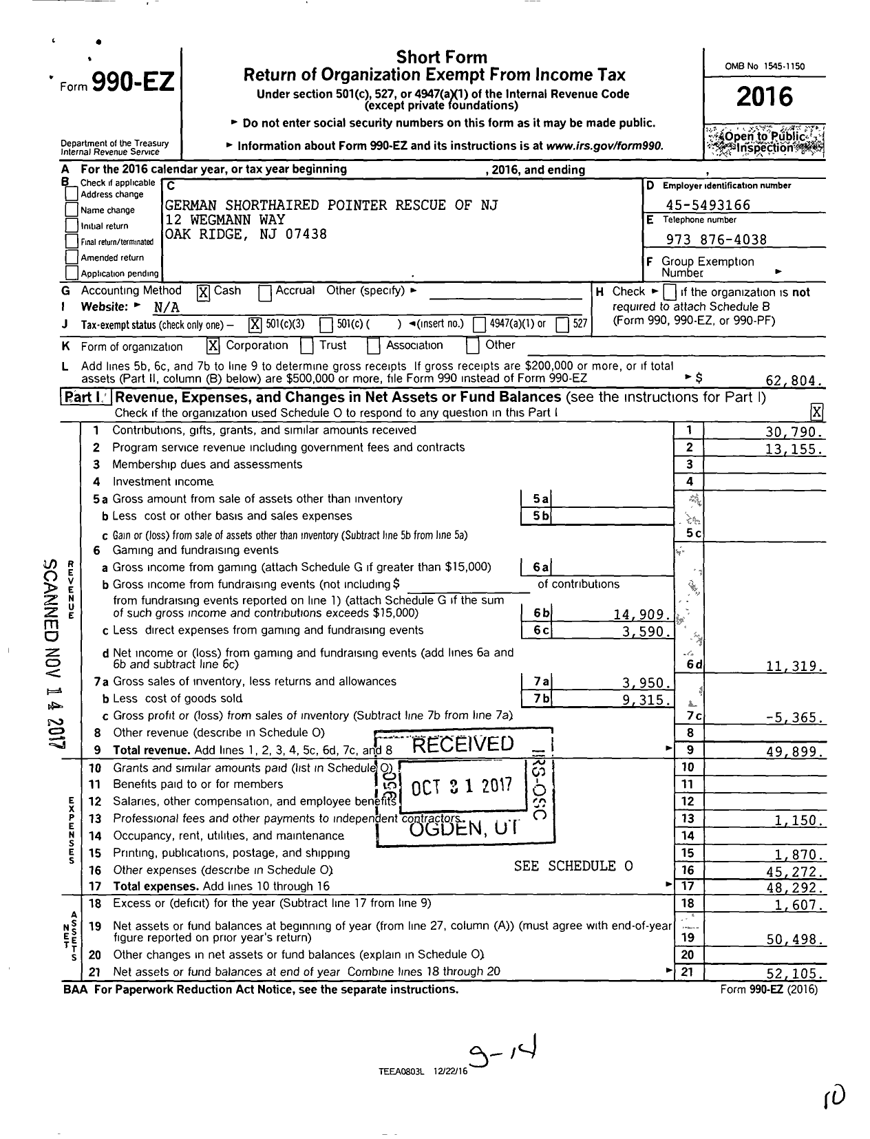 Image of first page of 2016 Form 990EZ for German Shorthaired Pointer Rescue of NJ