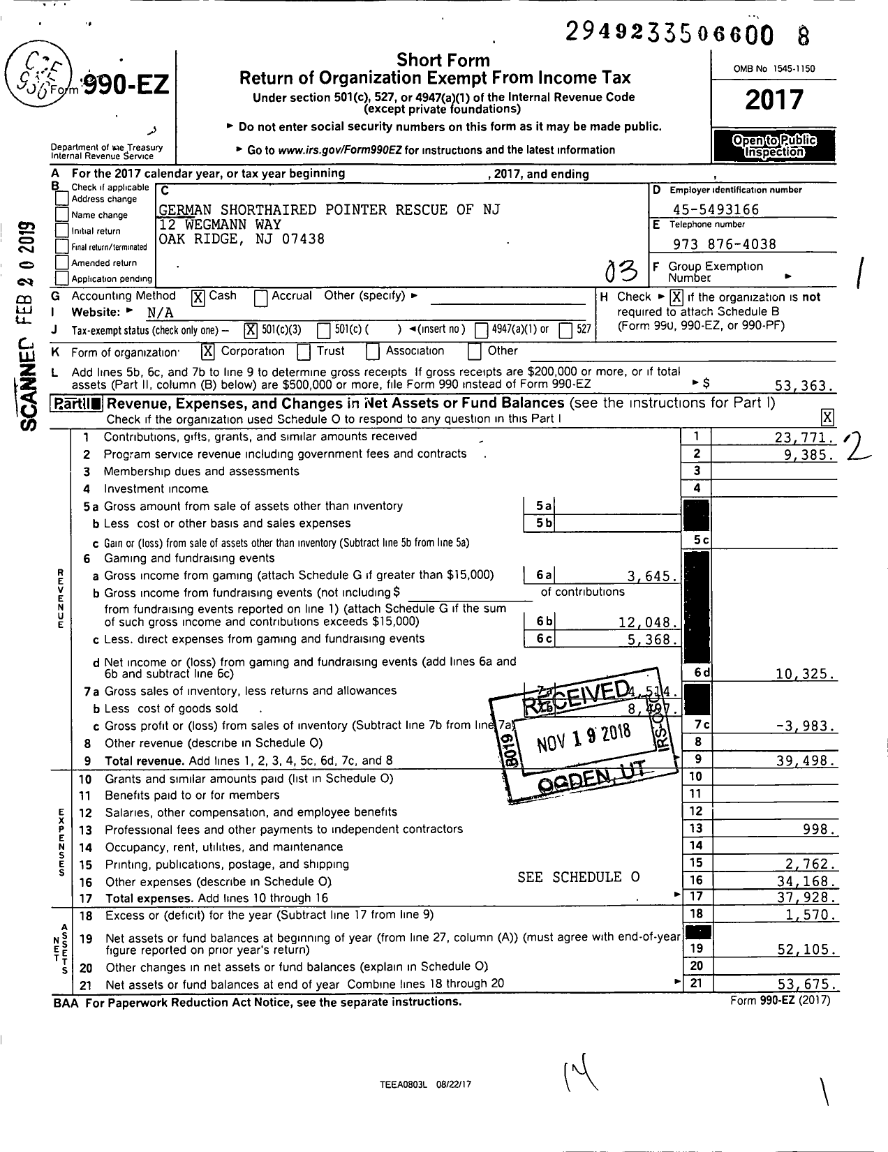 Image of first page of 2017 Form 990EZ for German Shorthaired Pointer Rescue of NJ