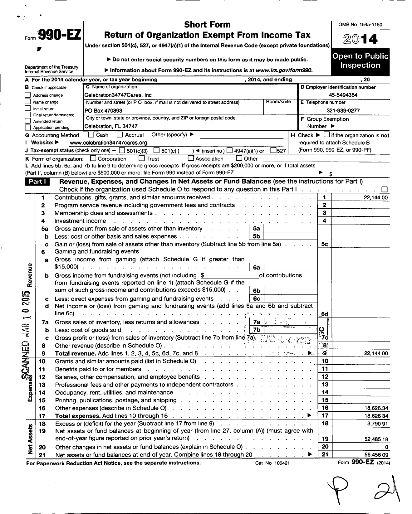 Image of first page of 2014 Form 990EO for Celebration 34747 Cares