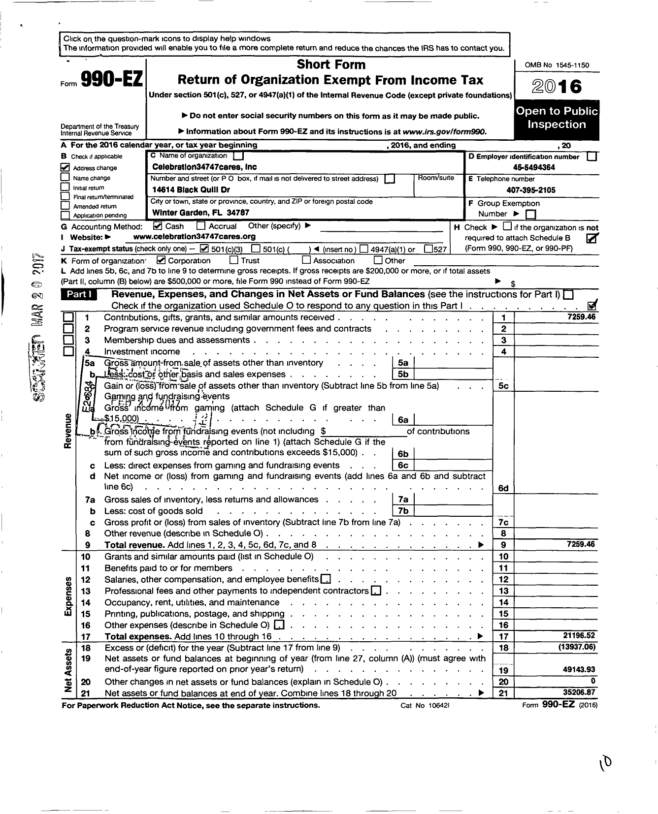 Image of first page of 2016 Form 990EZ for Celebration 34747 Cares