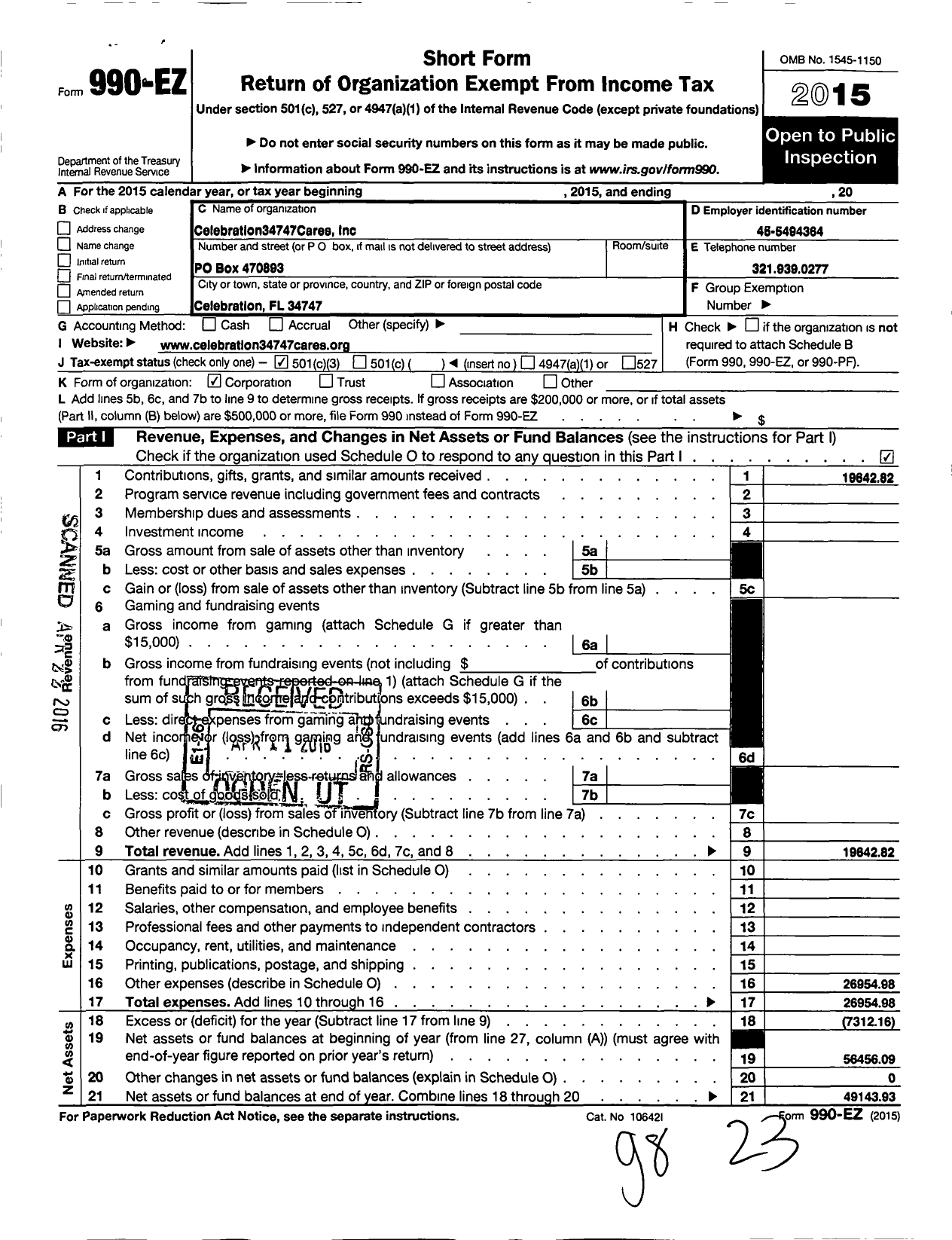 Image of first page of 2015 Form 990EZ for Celebration 34747 Cares