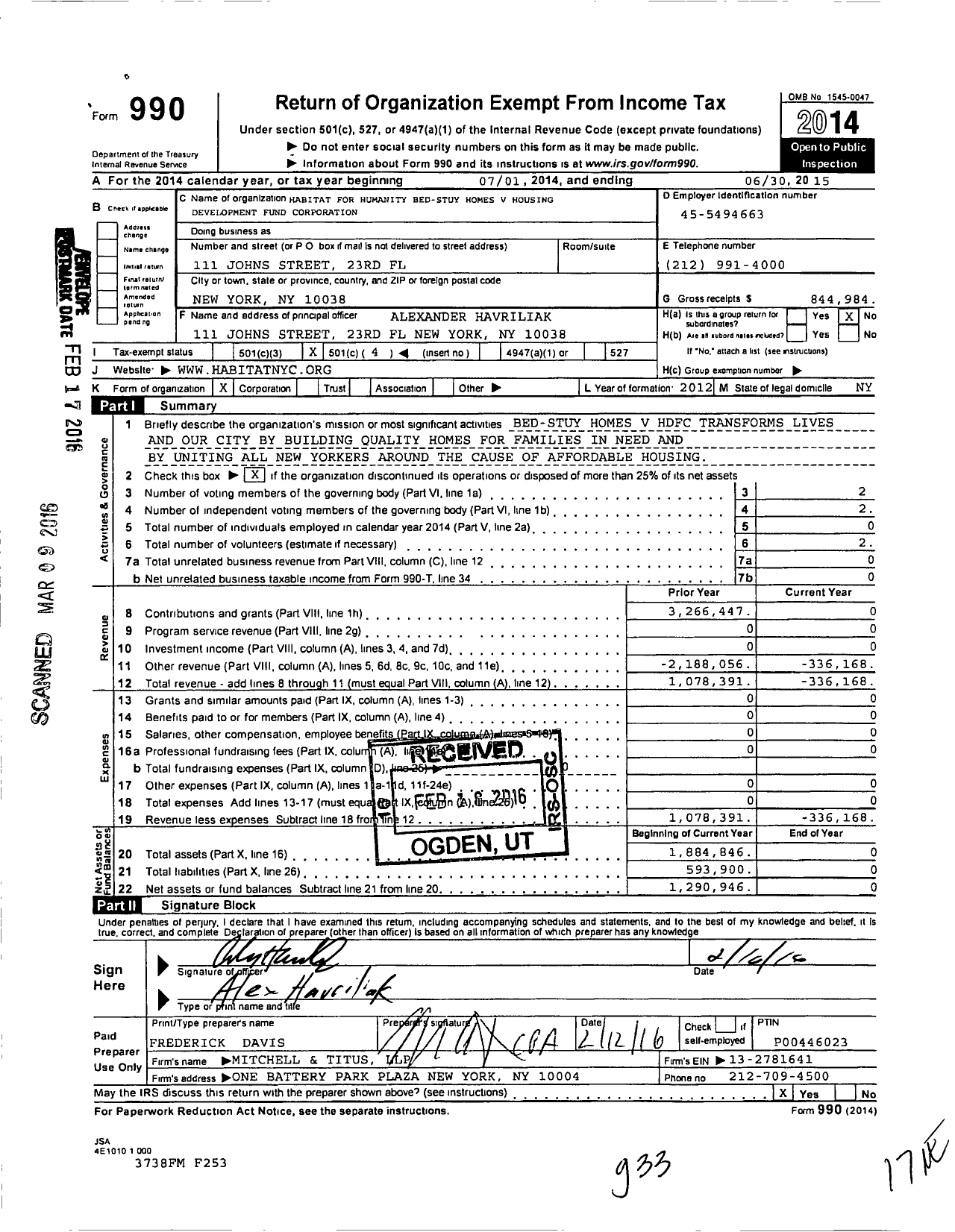 Image of first page of 2014 Form 990O for Habitat For Humanity Bed-Stuy Homes V Housing Development Fund Corporation