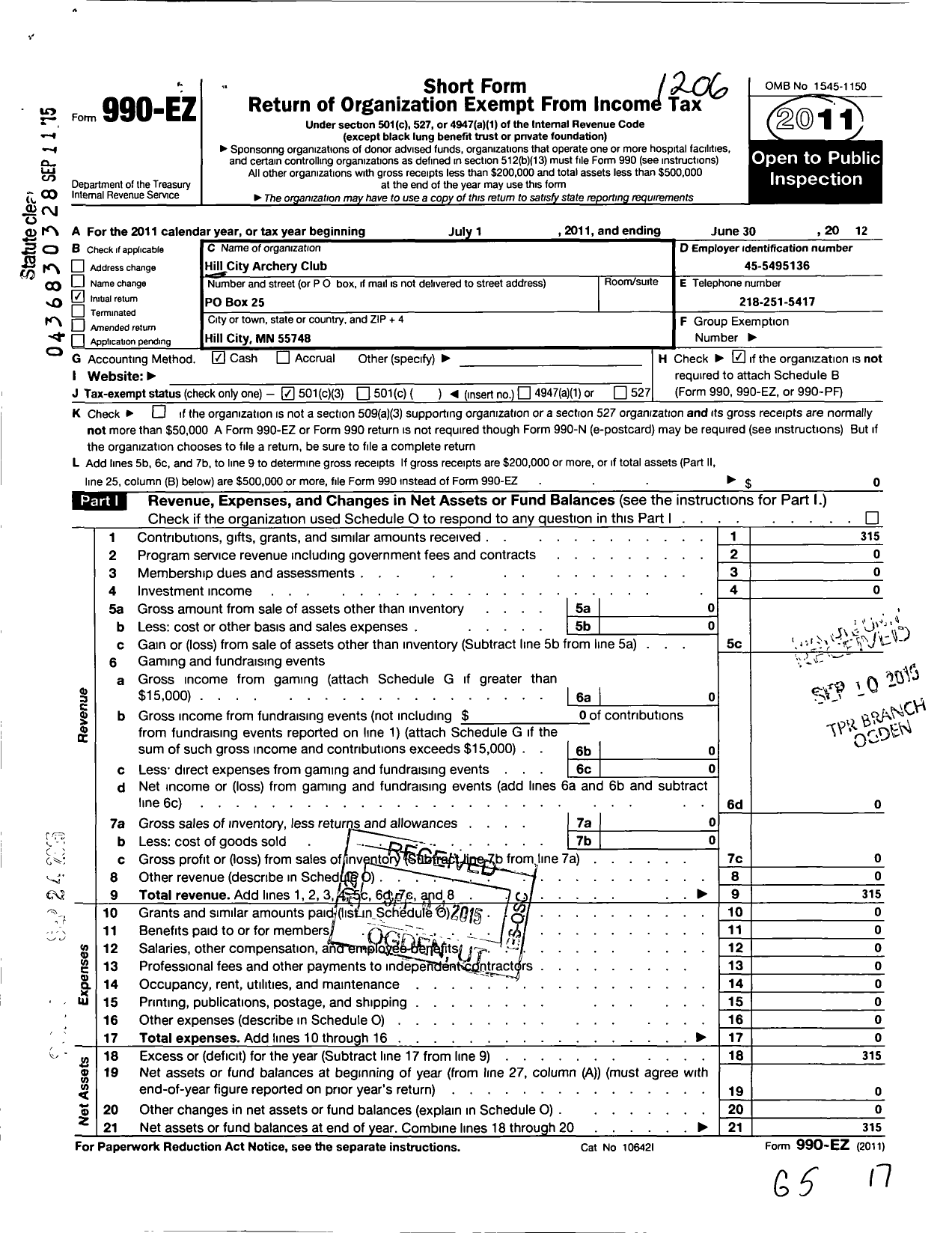 Image of first page of 2011 Form 990EZ for Hill City Archery Club