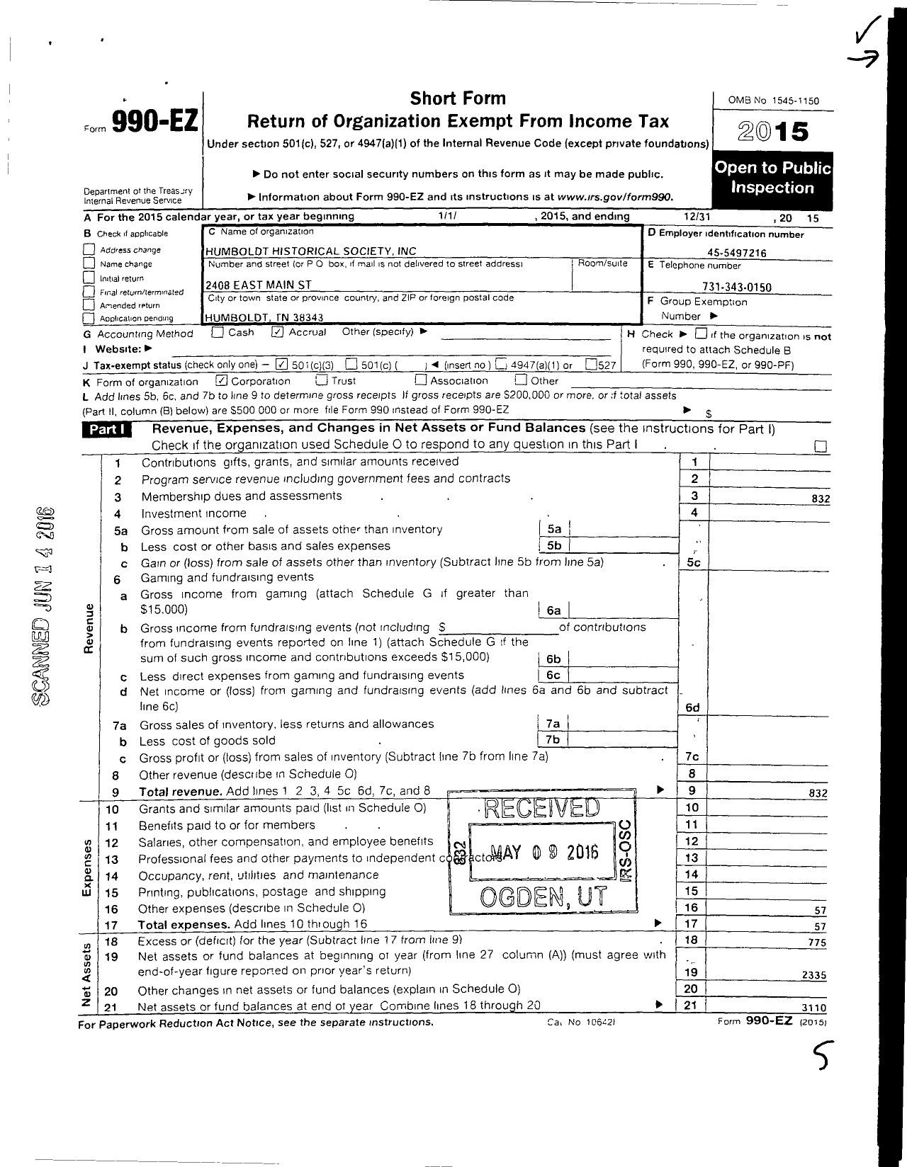 Image of first page of 2015 Form 990EZ for Humboldt Historical Society Incorporated