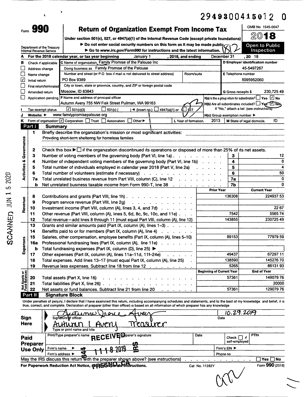 Image of first page of 2018 Form 990 for Family Promise of the Palouse