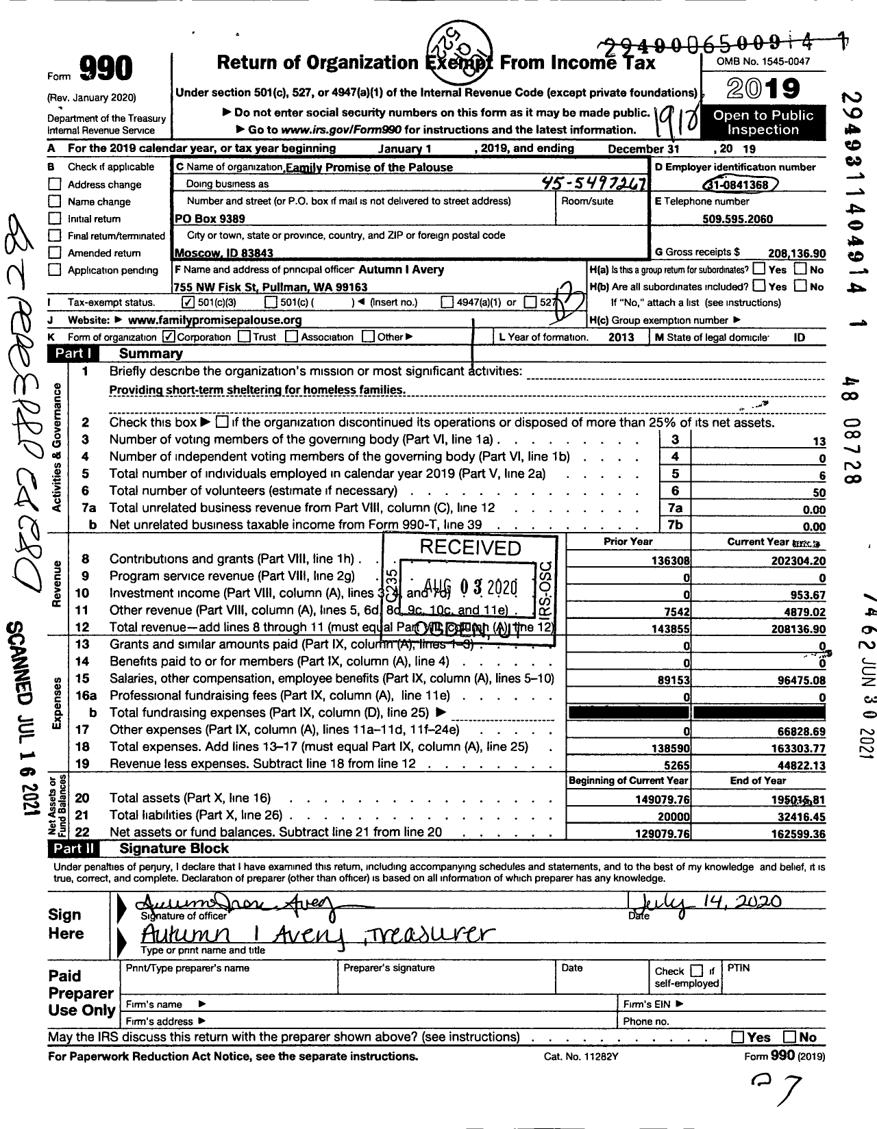 Image of first page of 2019 Form 990 for Family Promise of the Palouse