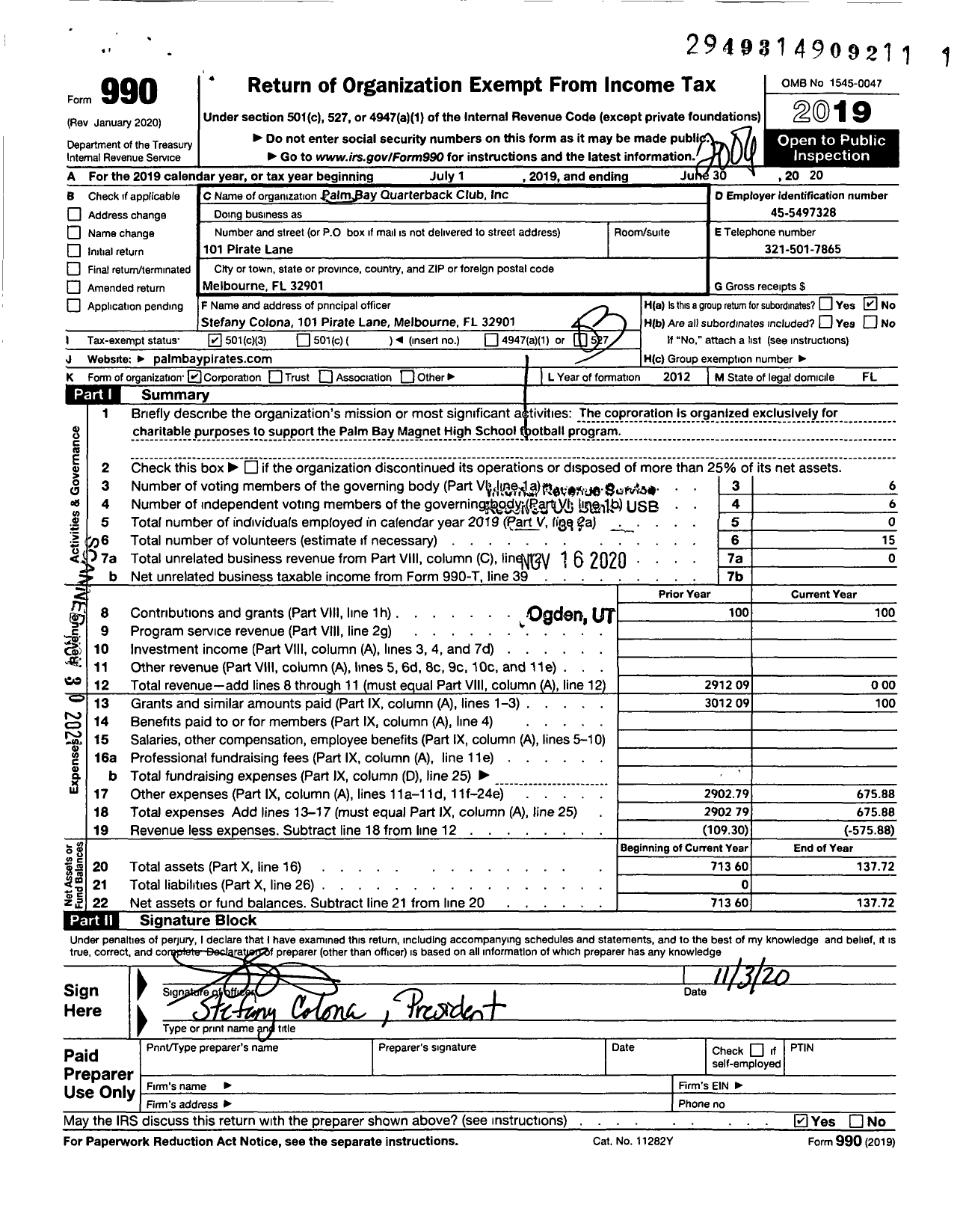 Image of first page of 2019 Form 990 for Palm Bay Quarterback Club