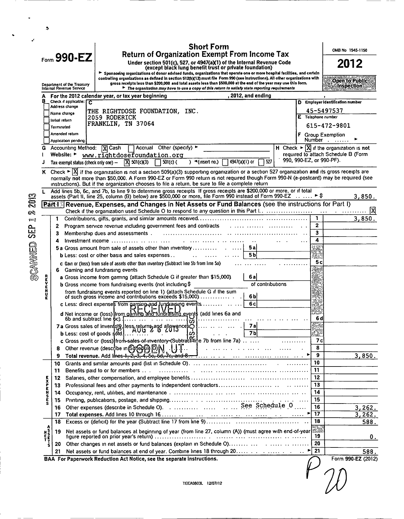 Image of first page of 2012 Form 990EZ for Rightdose Foundation