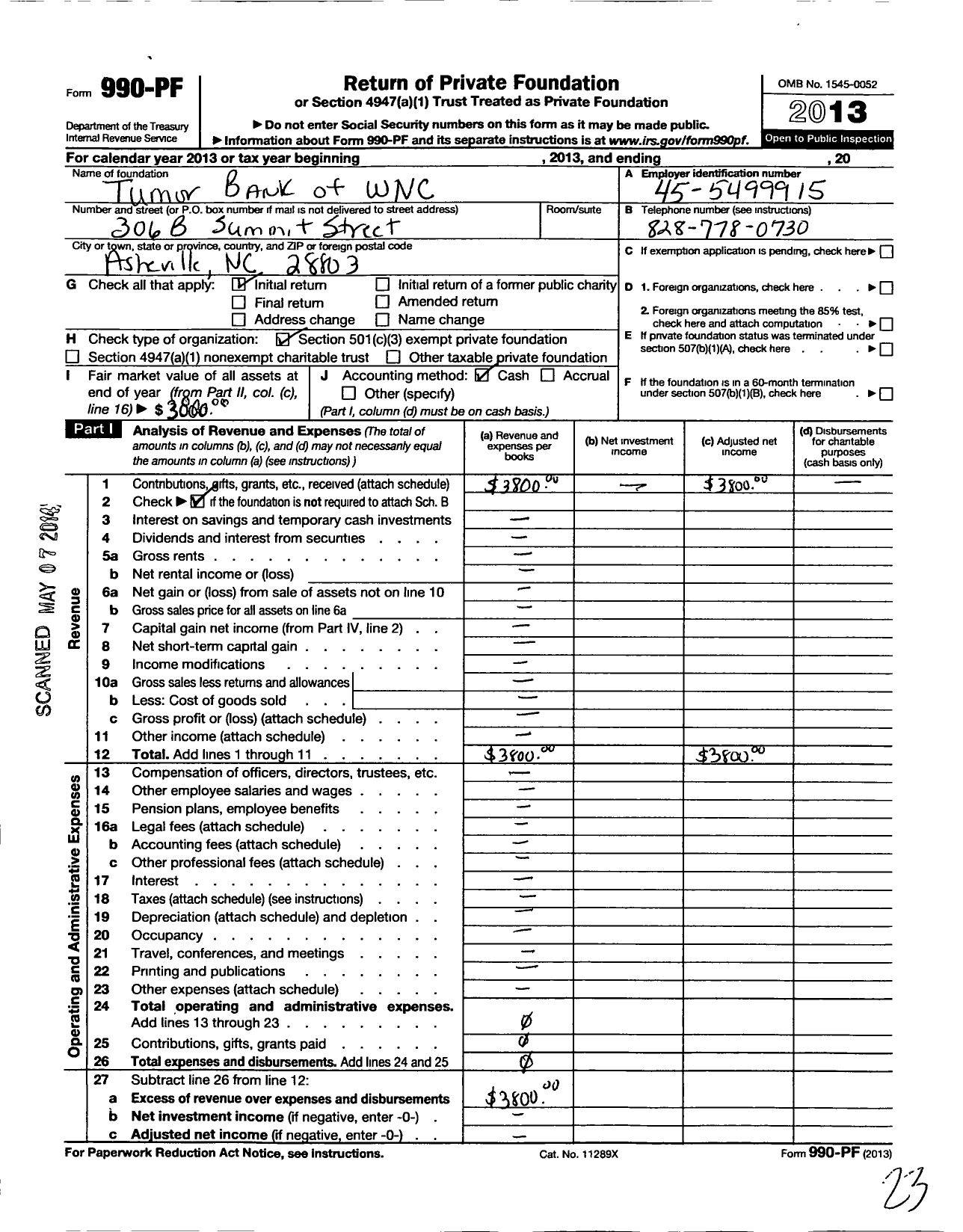 Image of first page of 2013 Form 990PF for Tumor Bank of WNC