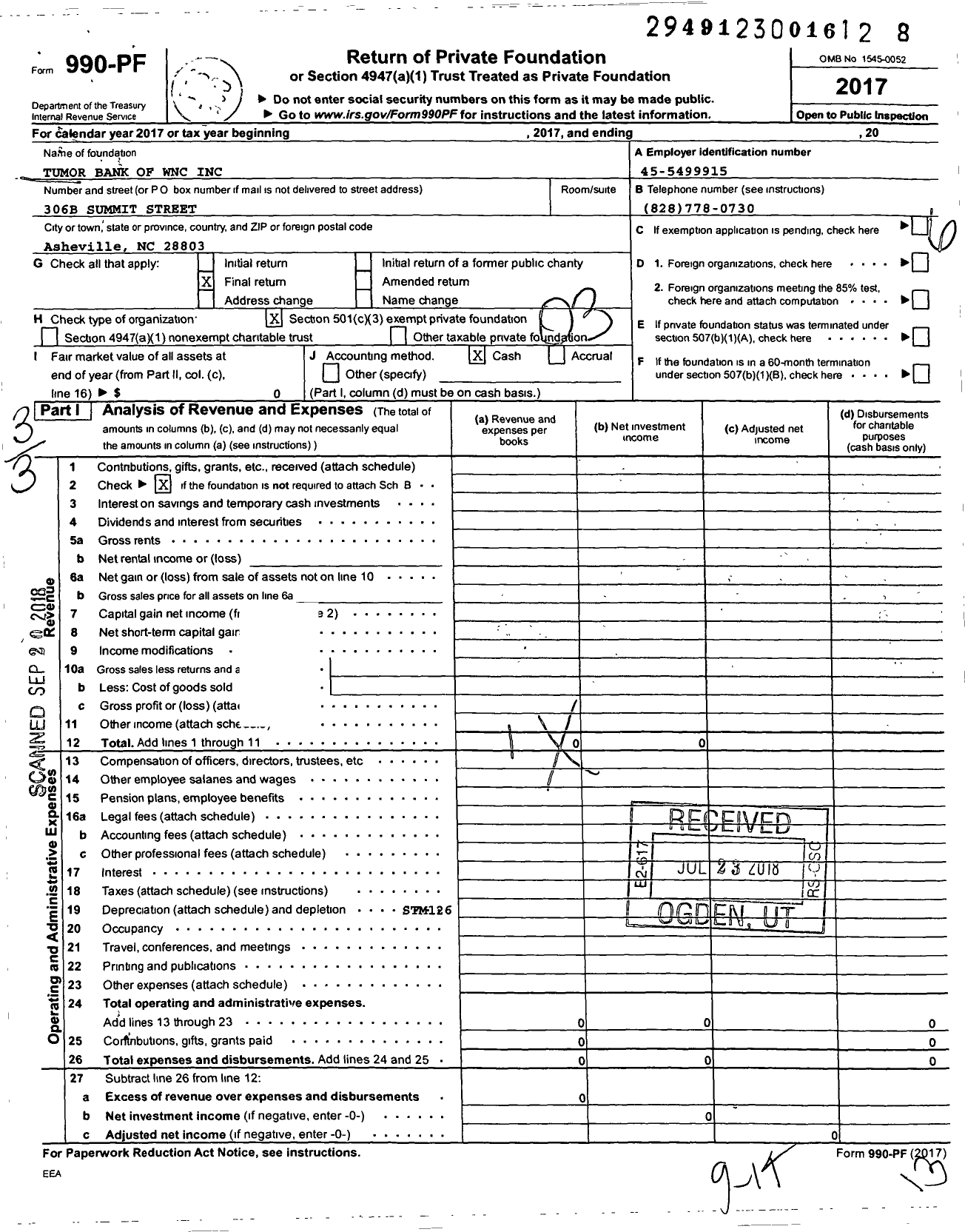 Image of first page of 2017 Form 990PF for Tumor Bank of WNC