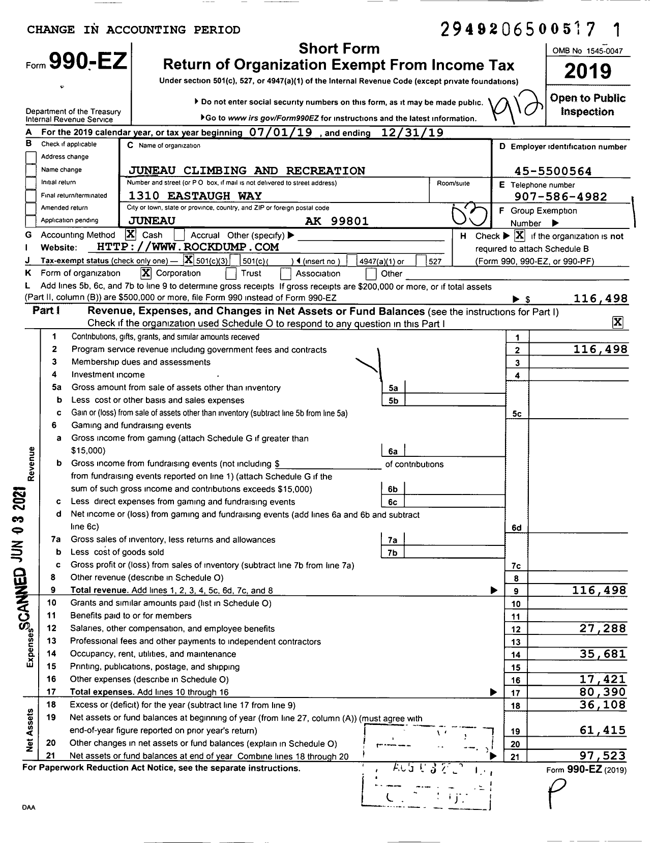 Image of first page of 2019 Form 990EZ for Juneau Climbing and Recreation