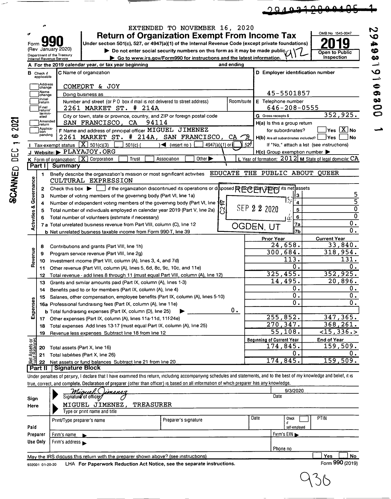 Image of first page of 2019 Form 990 for Comfort and Joy