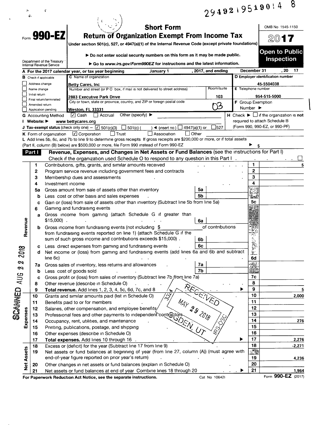 Image of first page of 2017 Form 990EZ for Betty Cares