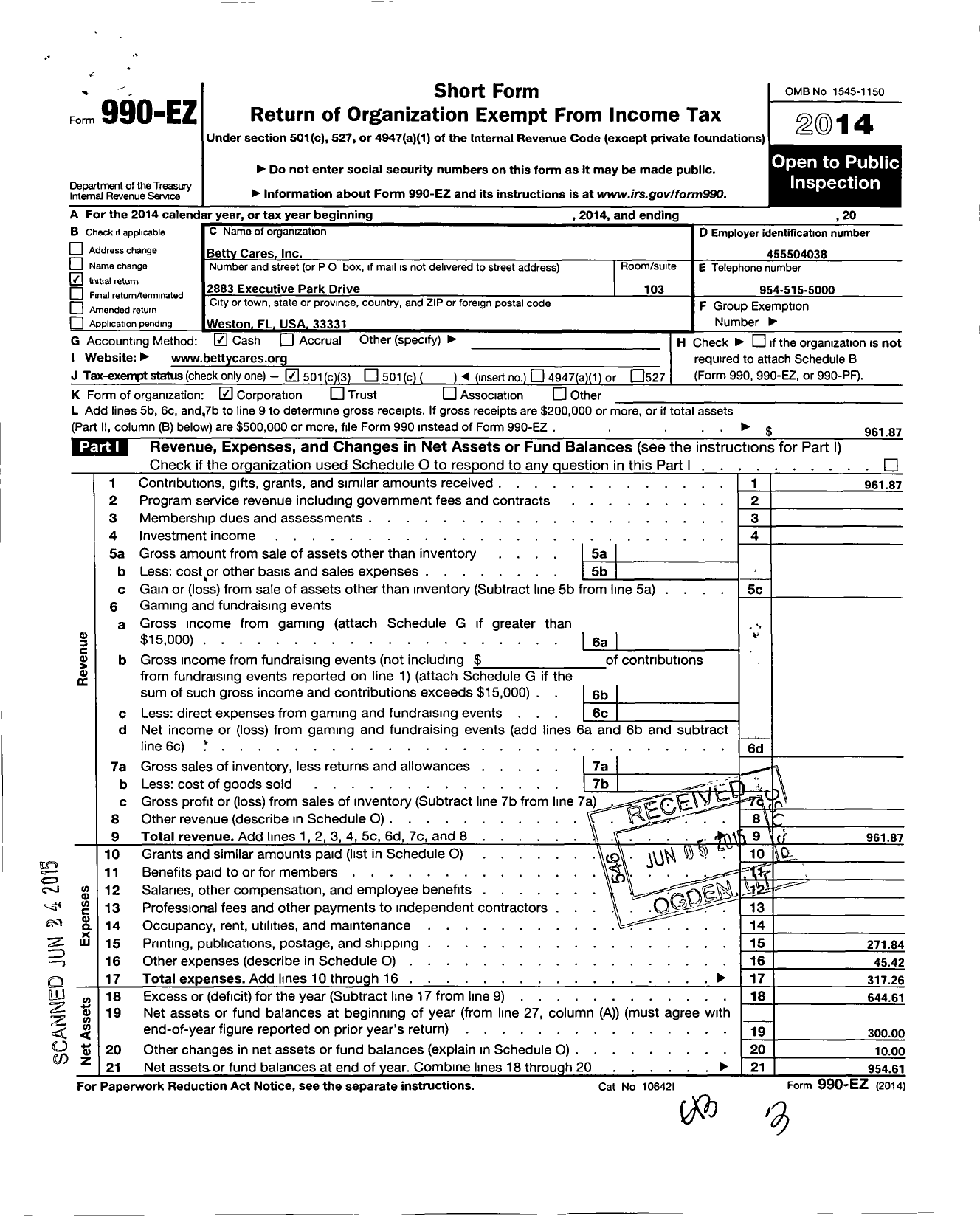 Image of first page of 2014 Form 990EZ for Betty Cares