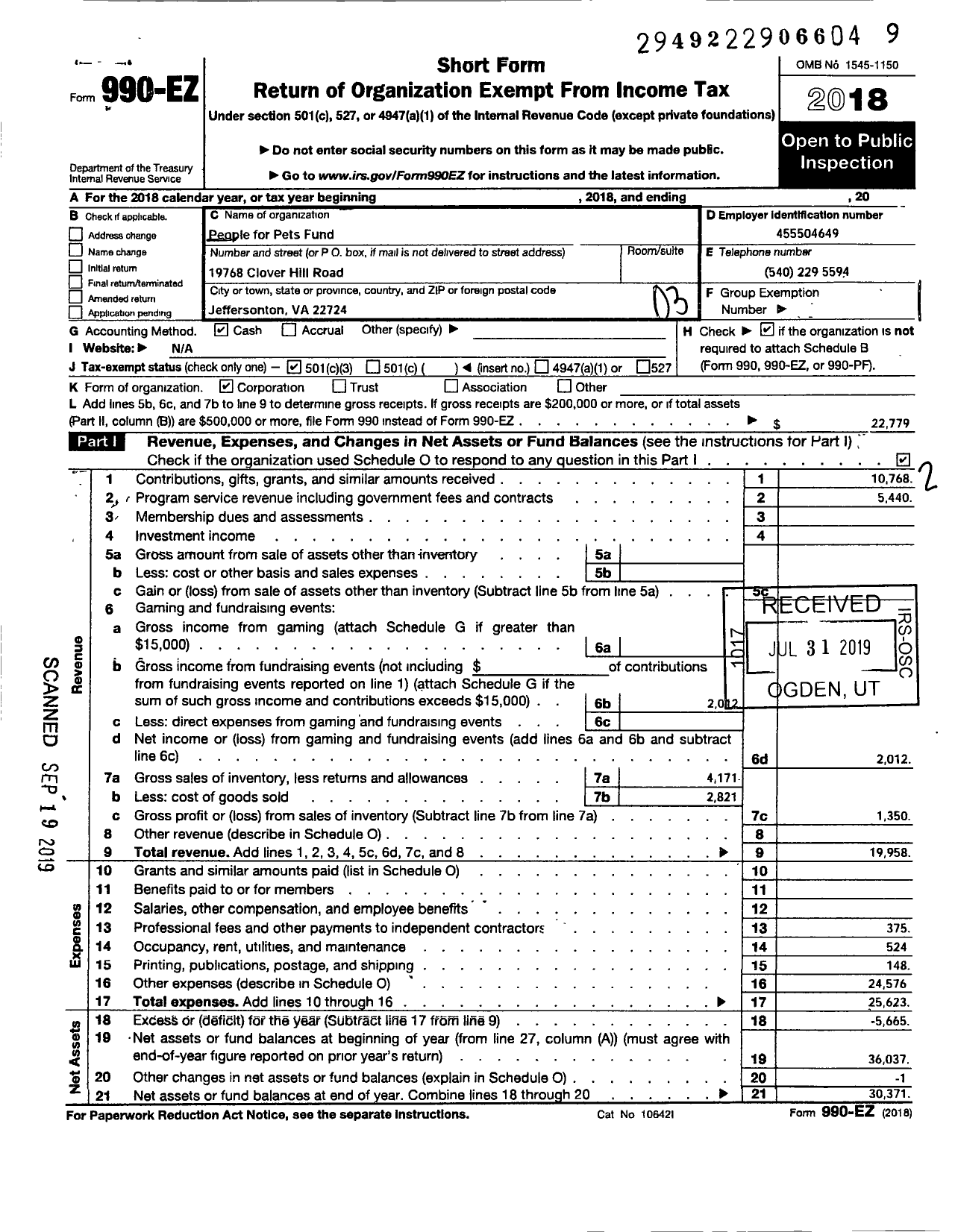 Image of first page of 2018 Form 990EZ for People For Pets Fund