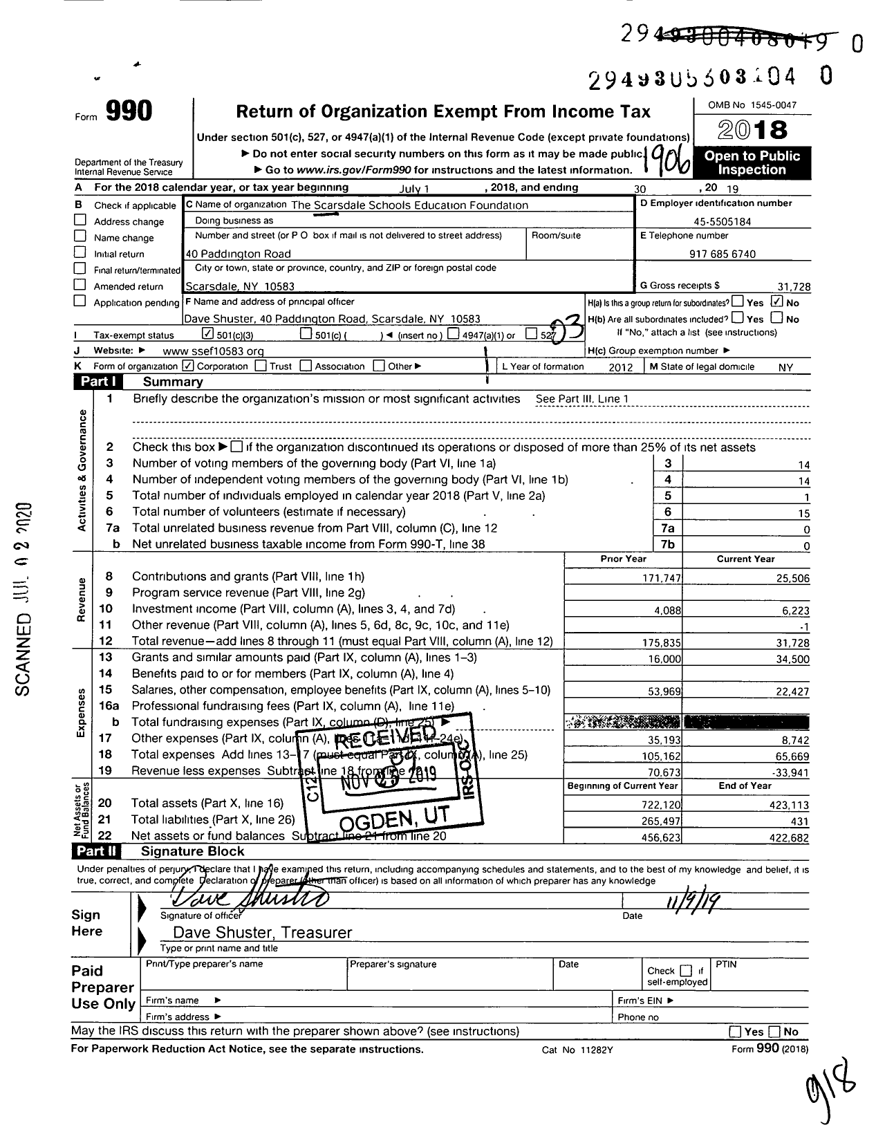 Image of first page of 2018 Form 990 for Scarsdale Schools Education Foundation