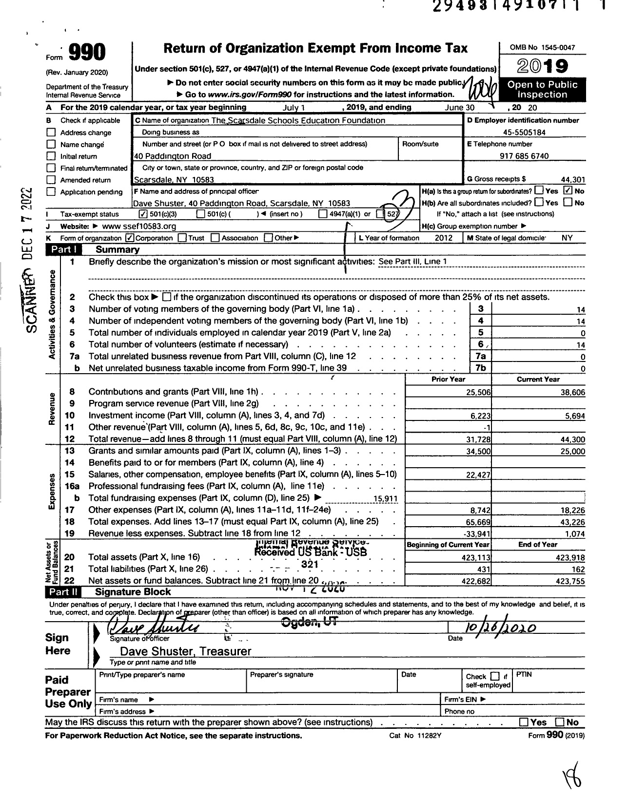 Image of first page of 2019 Form 990 for Scarsdale Schools Education Foundation