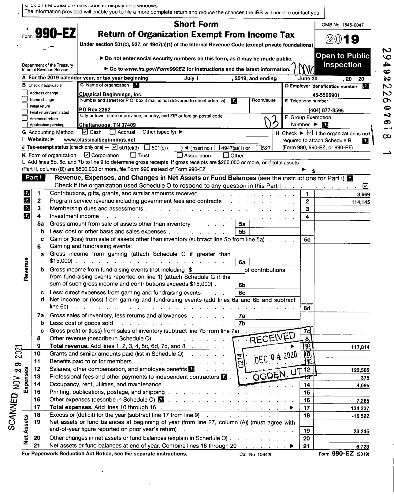 Image of first page of 2019 Form 990EZ for Classical Beginnings