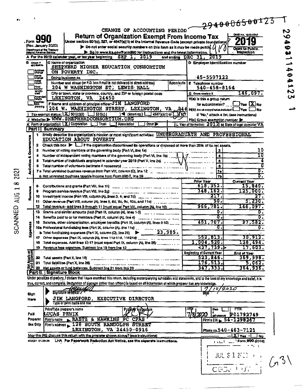 Image of first page of 2019 Form 990 for Shepherd Higher Education Consortium on Poverty