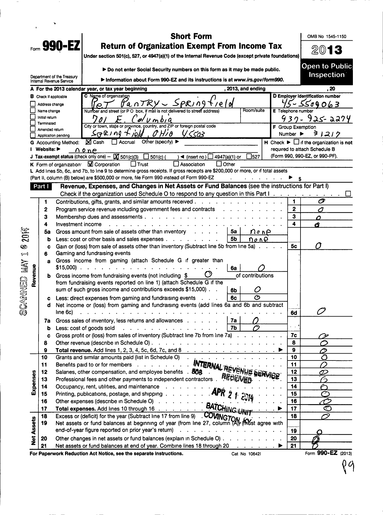 Image of first page of 2013 Form 990EZ for Pet Pantry Springfield