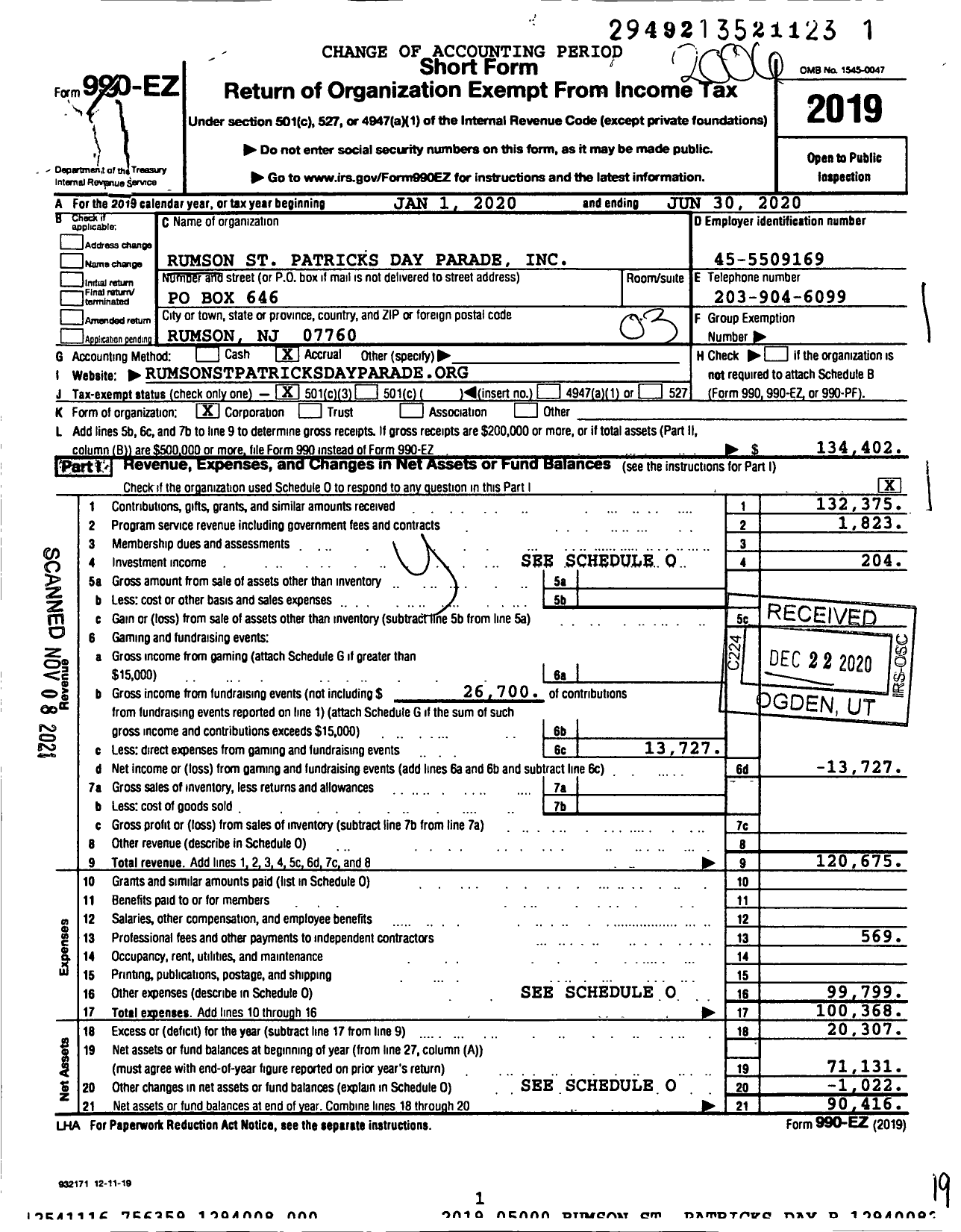 Image of first page of 2019 Form 990EZ for Rumson St Patricks Day Parade