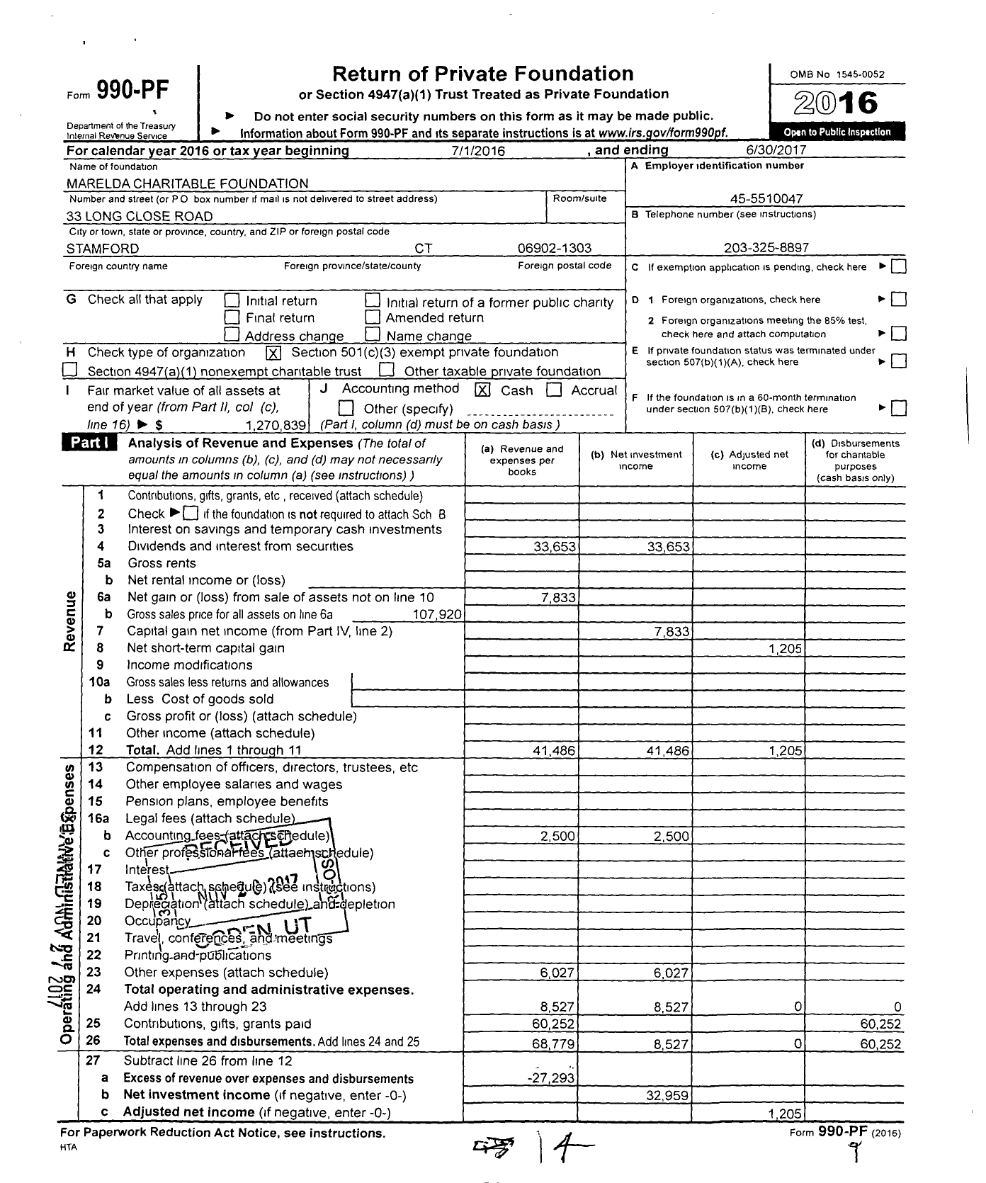 Image of first page of 2016 Form 990PF for Marelda Charitable Foundation