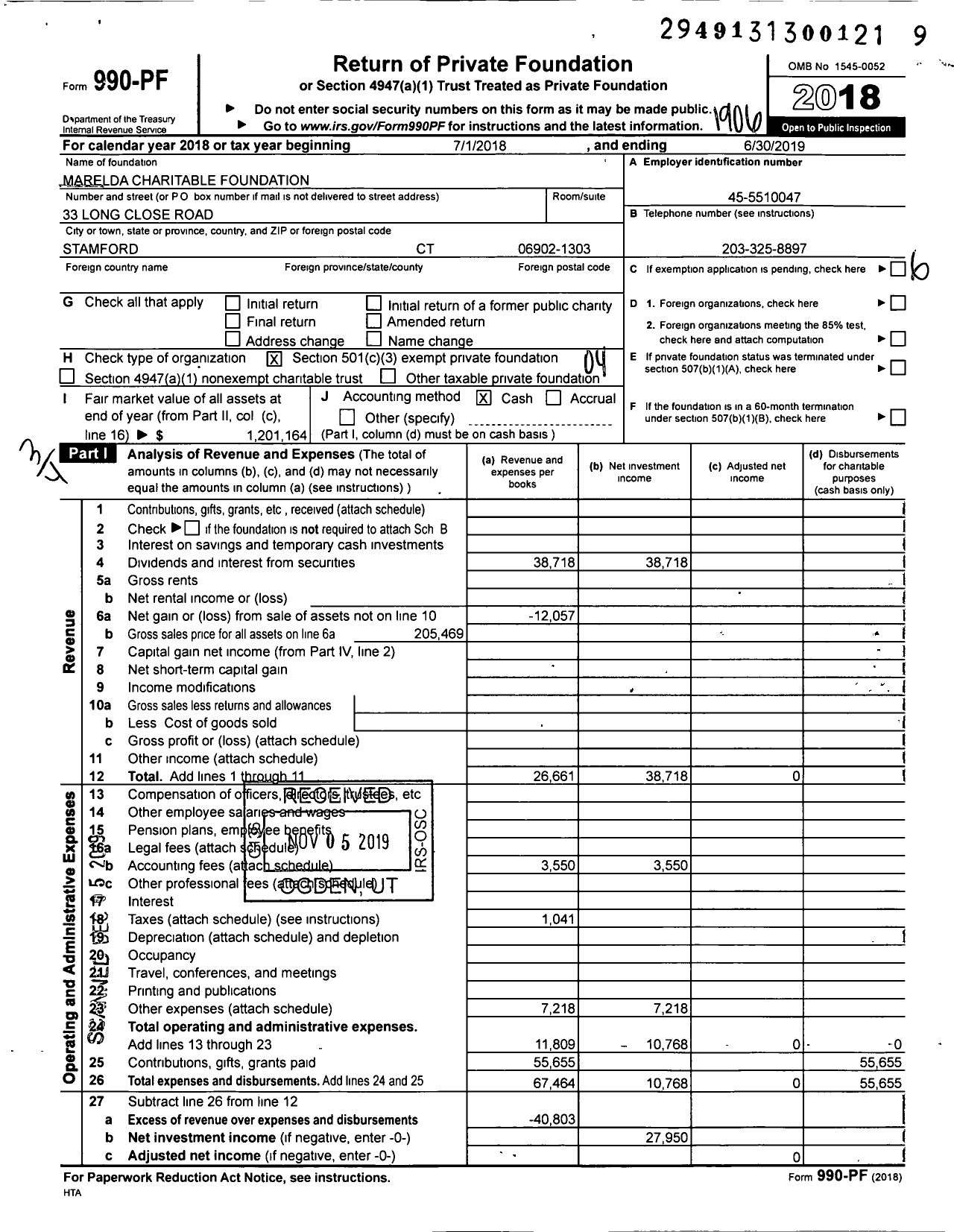 Image of first page of 2018 Form 990PF for Marelda Charitable Foundation