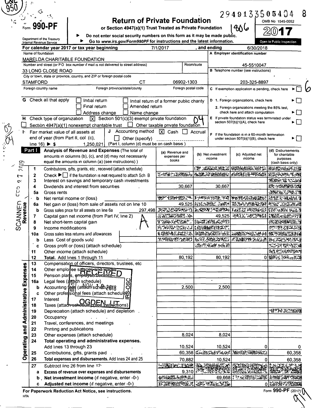 Image of first page of 2017 Form 990PF for Marelda Charitable Foundation