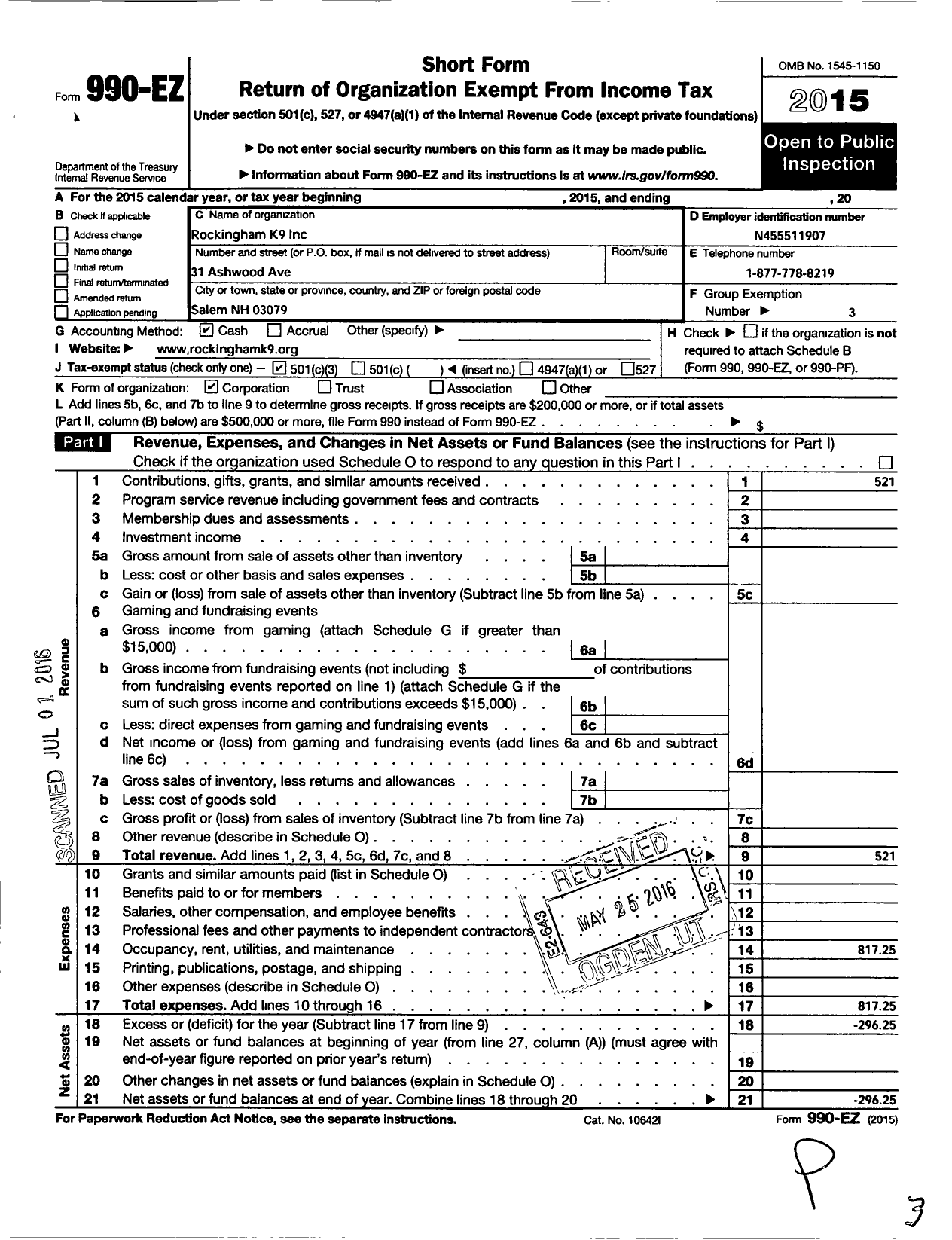 Image of first page of 2015 Form 990EZ for Rockingham K9