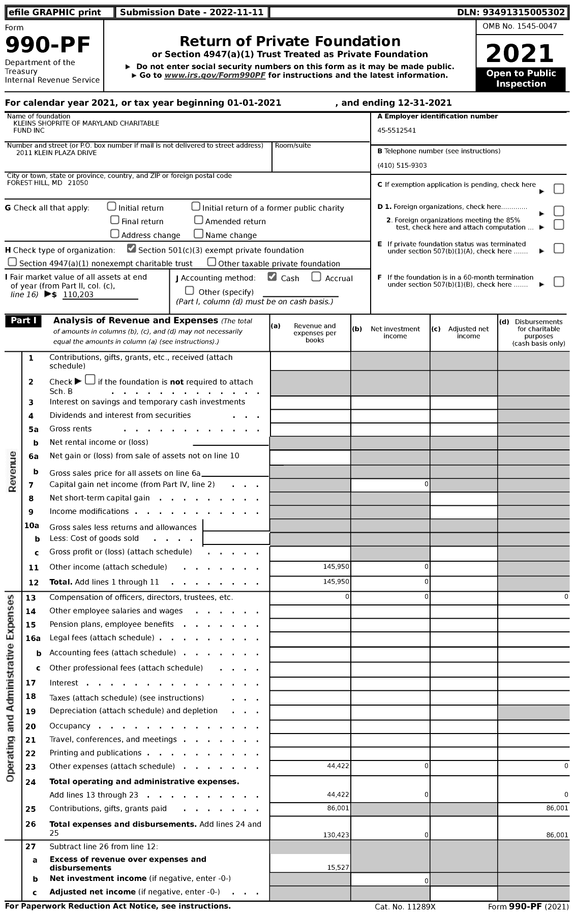 Image of first page of 2021 Form 990PF for Kleins Shoprite of Maryland Charitable Fund