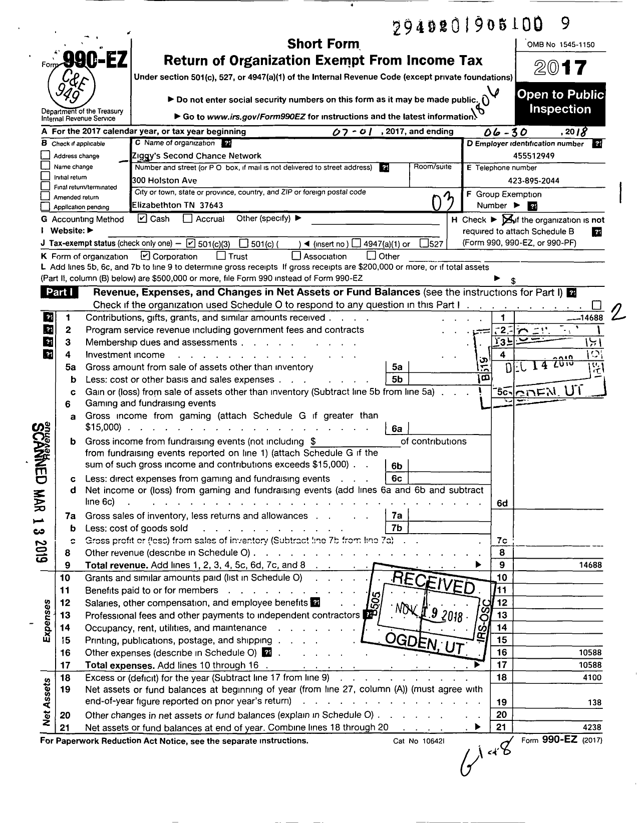 Image of first page of 2017 Form 990EZ for Ziggys Second Chance Network