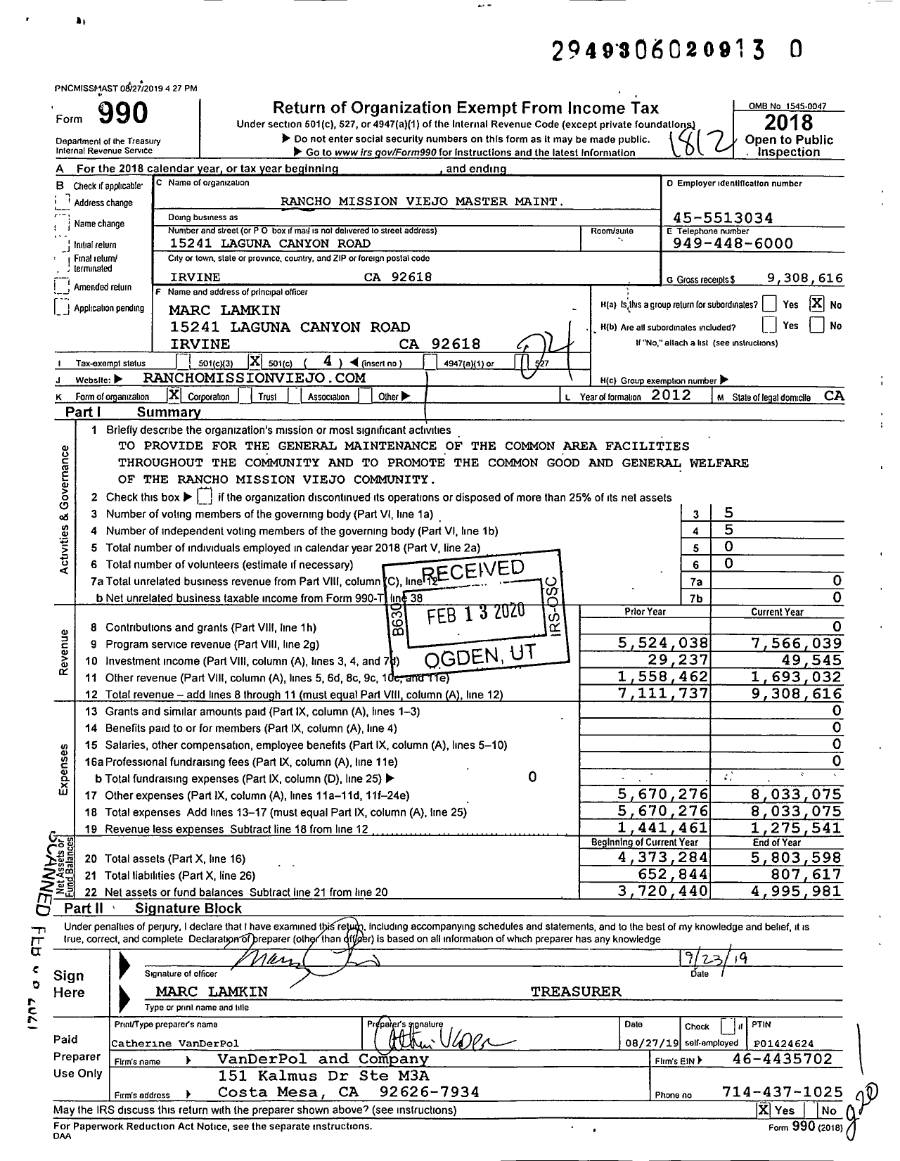 Image of first page of 2018 Form 990O for Rancho Mission Viejo Master Maint