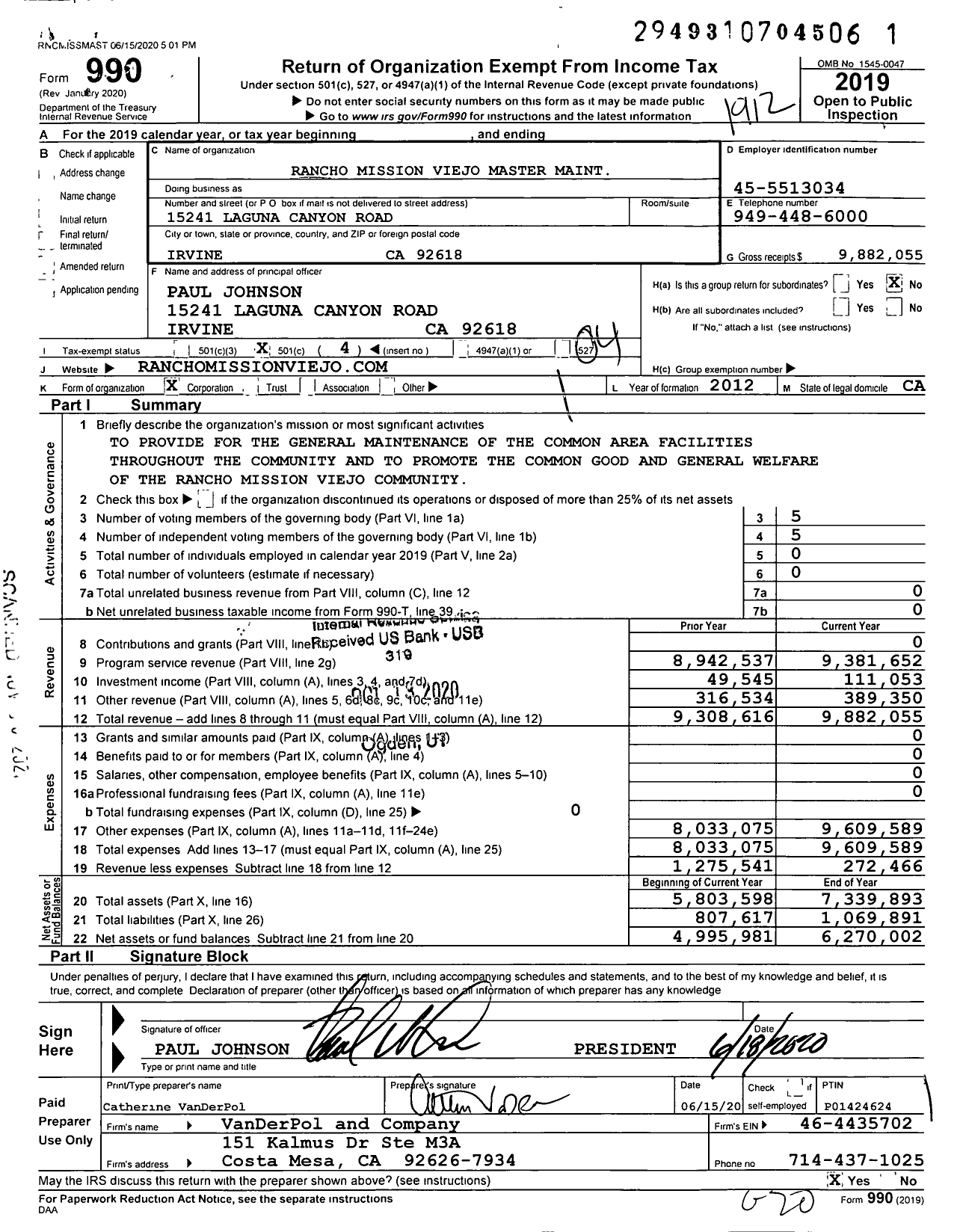 Image of first page of 2019 Form 990O for Rancho Mission Viejo Master Maint