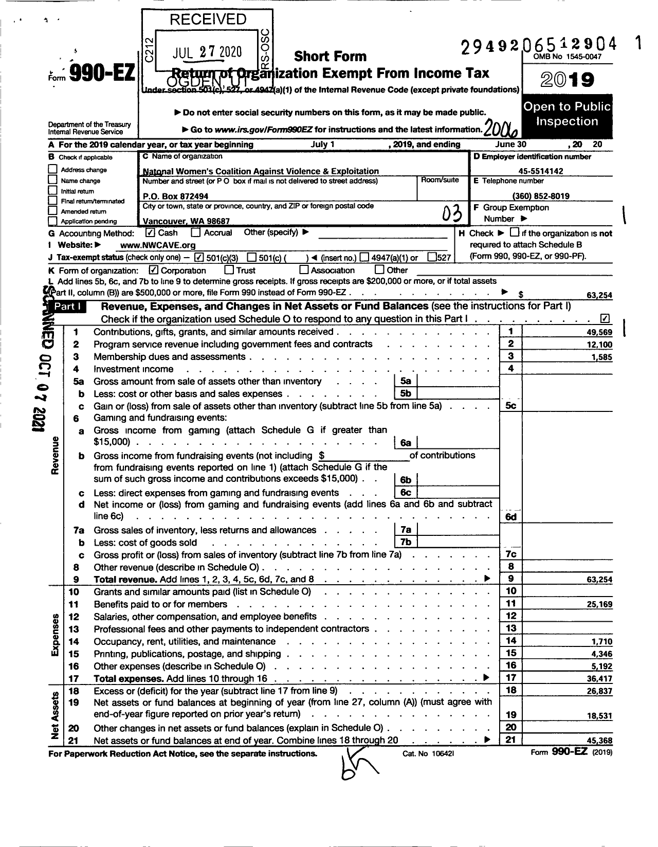 Image of first page of 2019 Form 990EZ for National Women's Coalition Against Violence and Exploitation