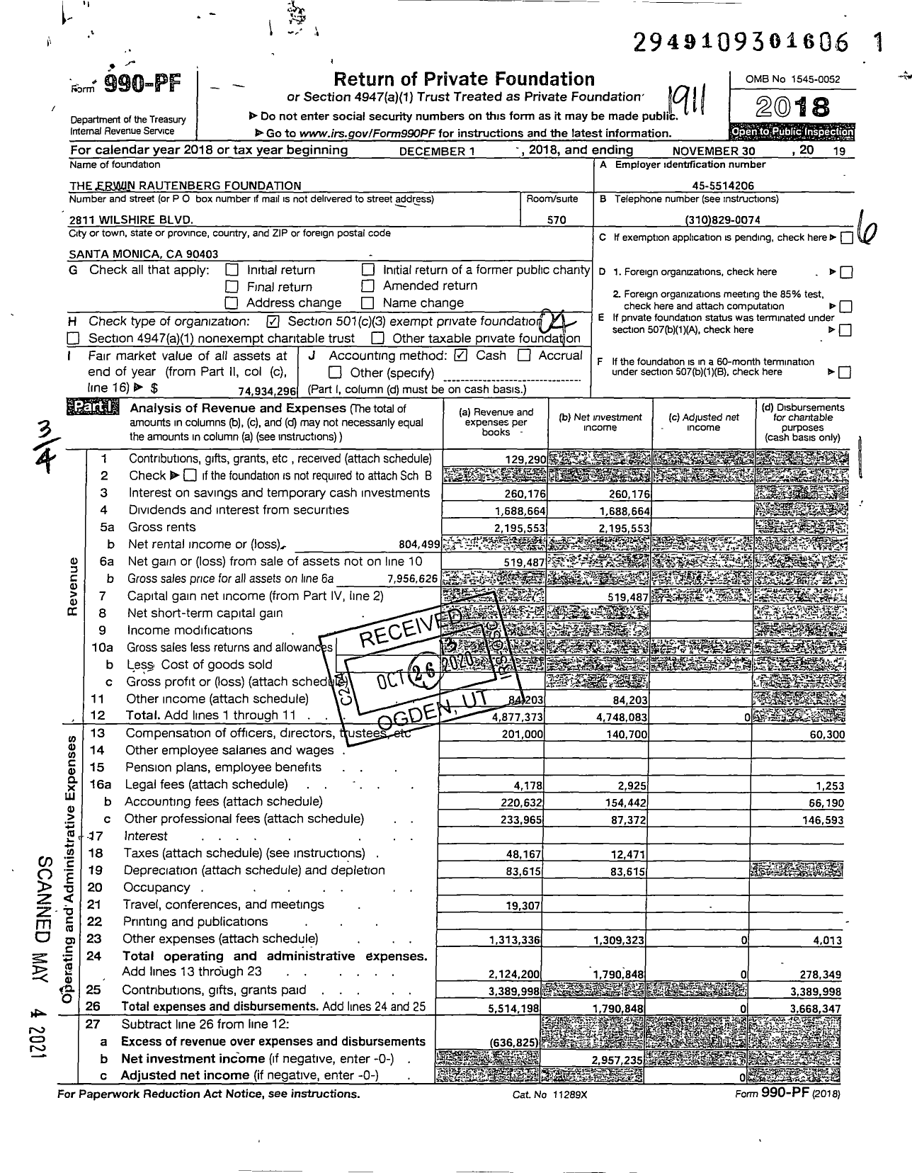 Image of first page of 2018 Form 990PF for The Erwin Rautenberg Foundation