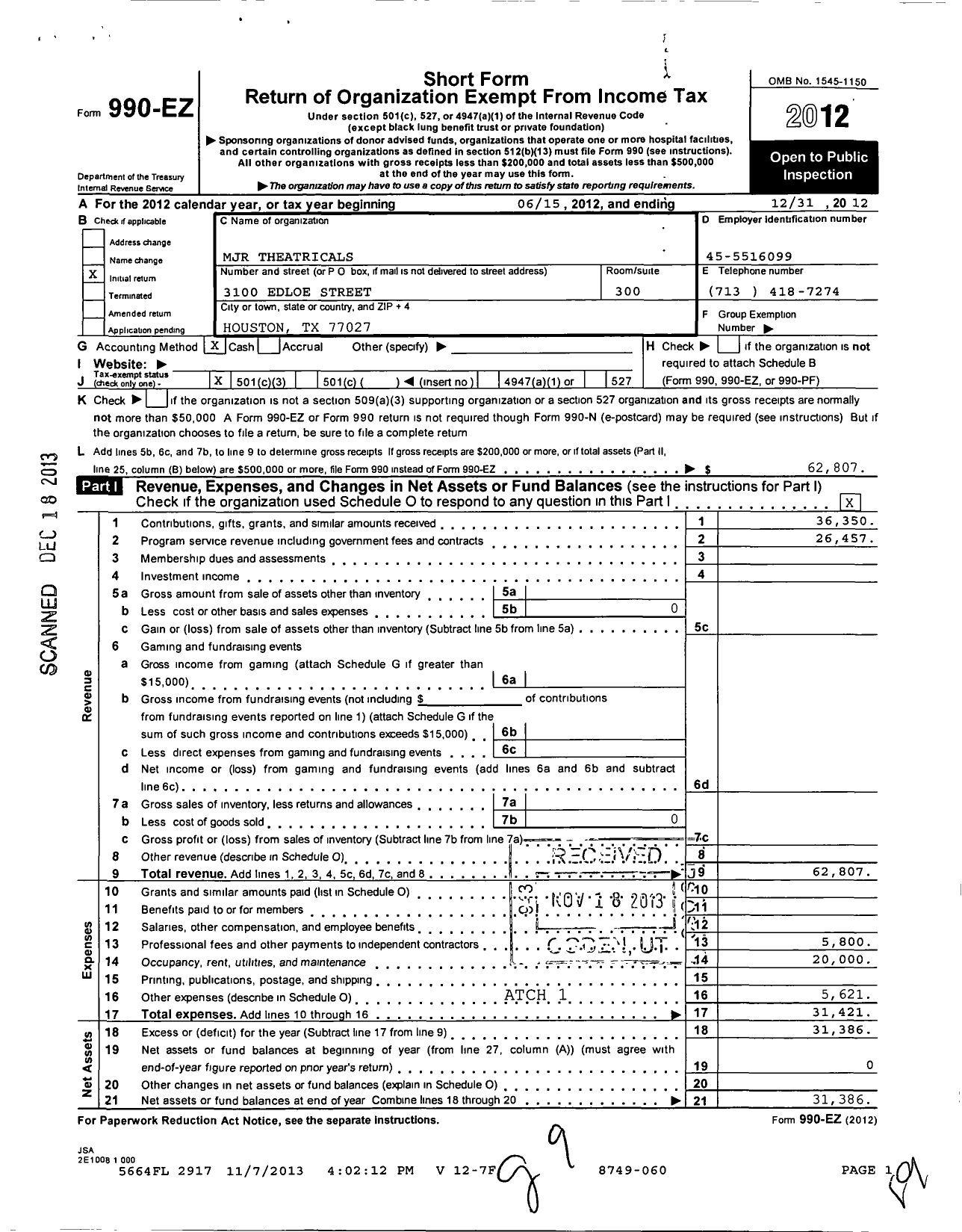 Image of first page of 2012 Form 990EZ for MJR Theatricals