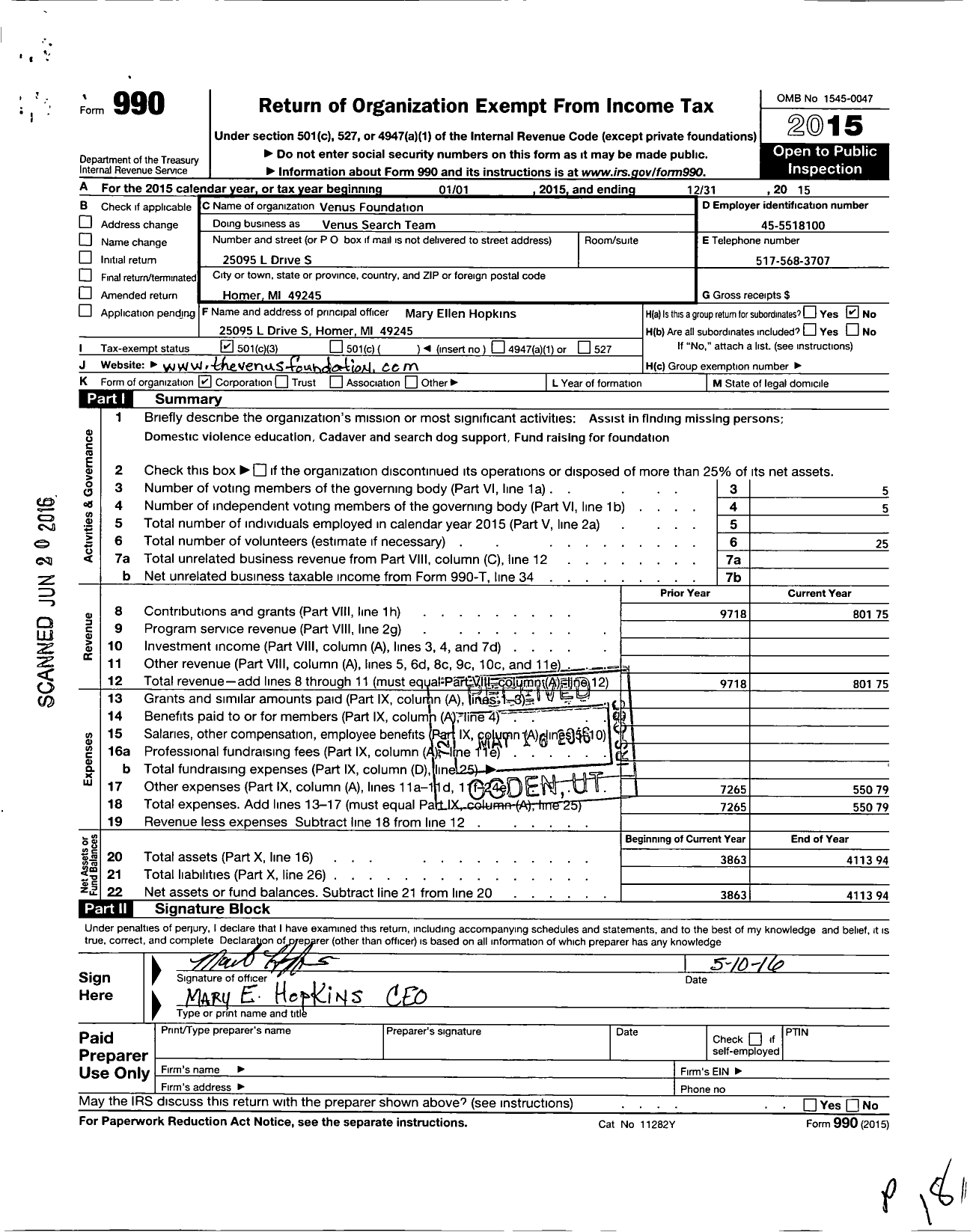 Image of first page of 2015 Form 990 for Venus Foundation