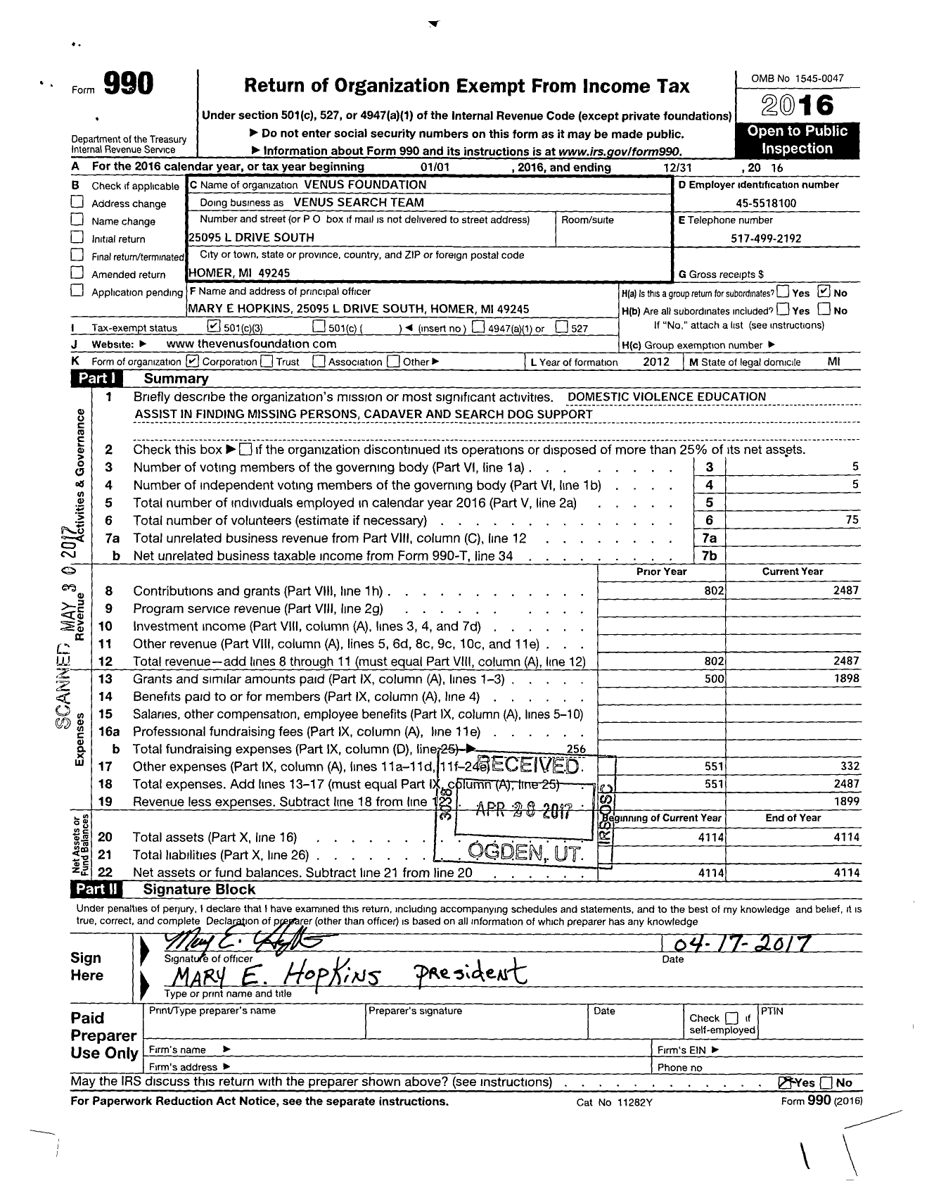 Image of first page of 2016 Form 990 for Venus Foundation