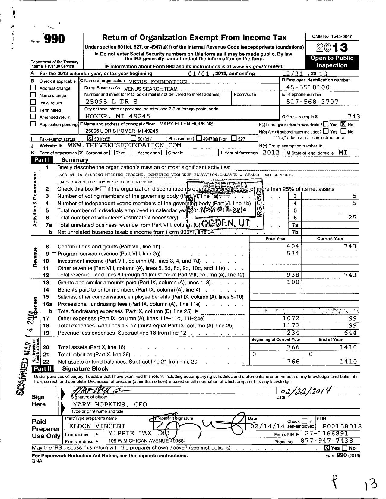 Image of first page of 2013 Form 990 for Venus Foundation