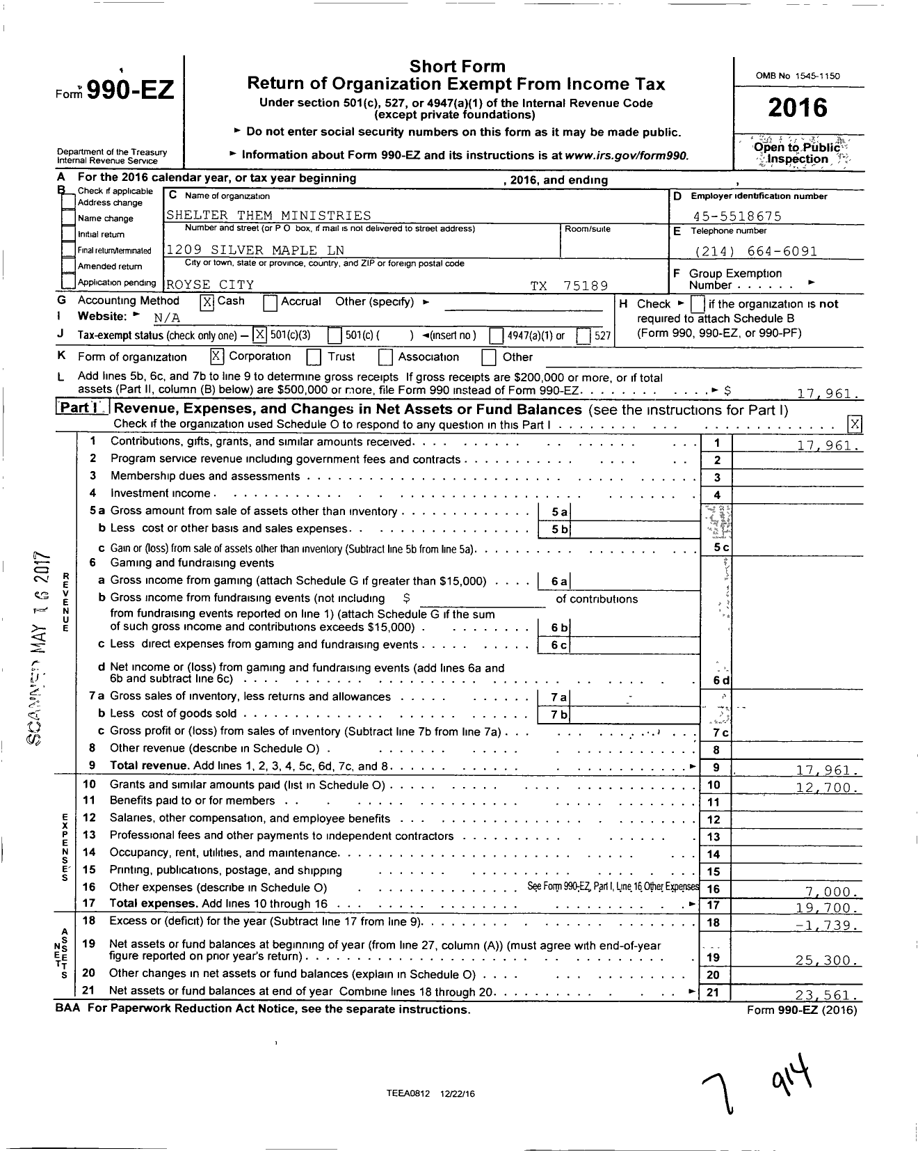 Image of first page of 2016 Form 990EZ for Shelter Them Ministries