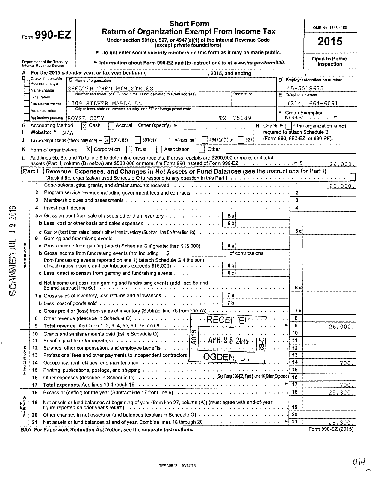 Image of first page of 2015 Form 990EZ for Shelter Them Ministries