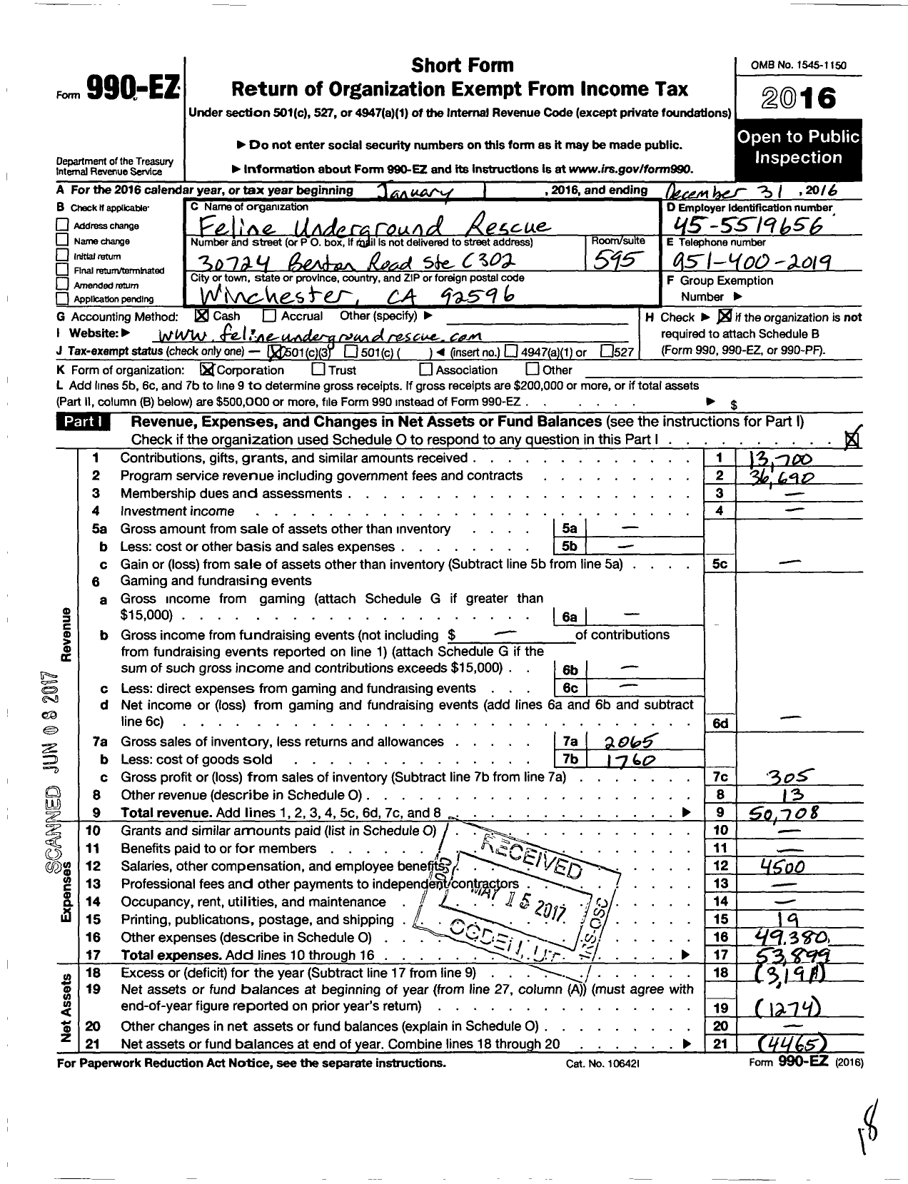 Image of first page of 2016 Form 990EZ for Feline Underground Rescue