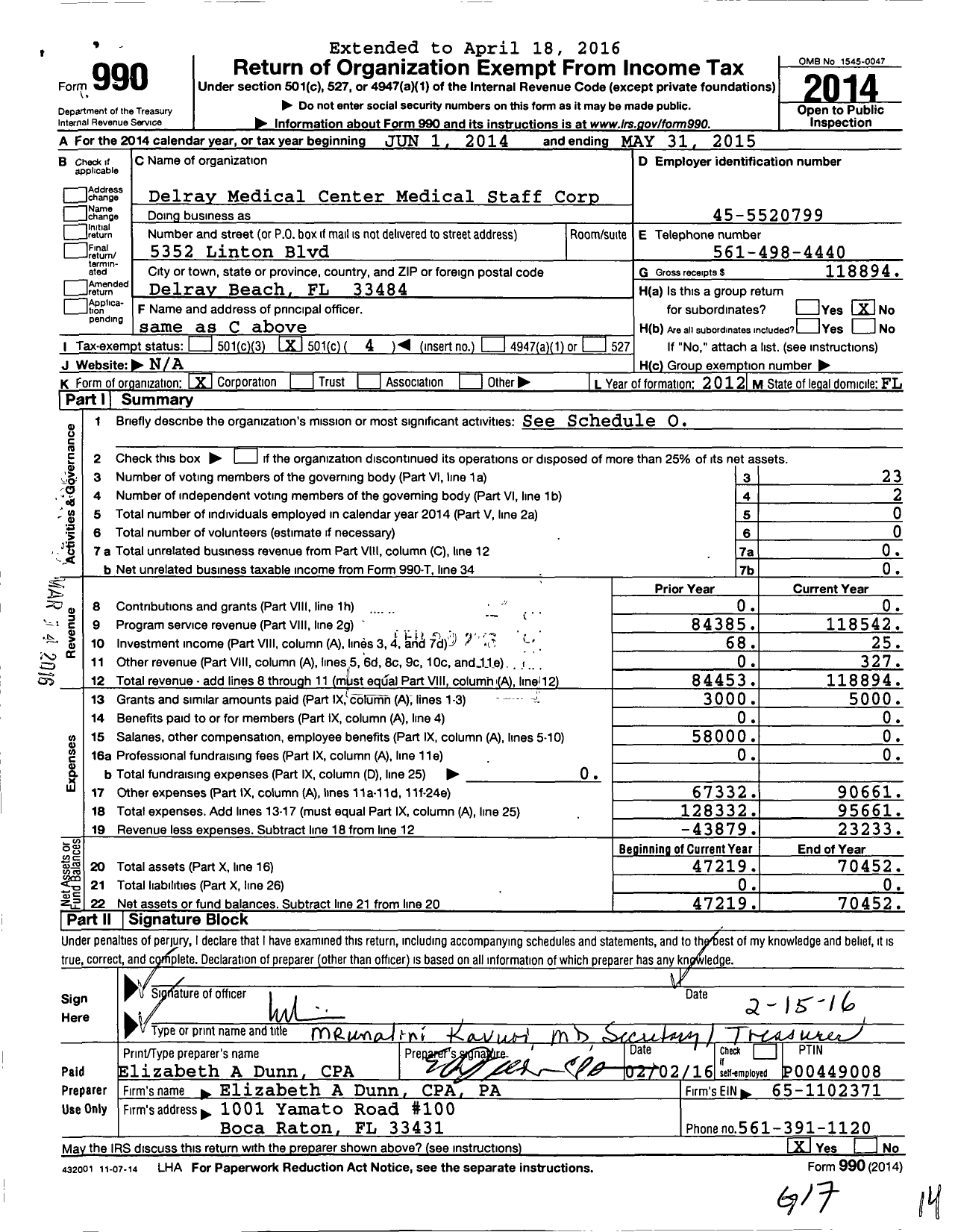Image of first page of 2014 Form 990O for Delray Medical Center Medical Staff Corp