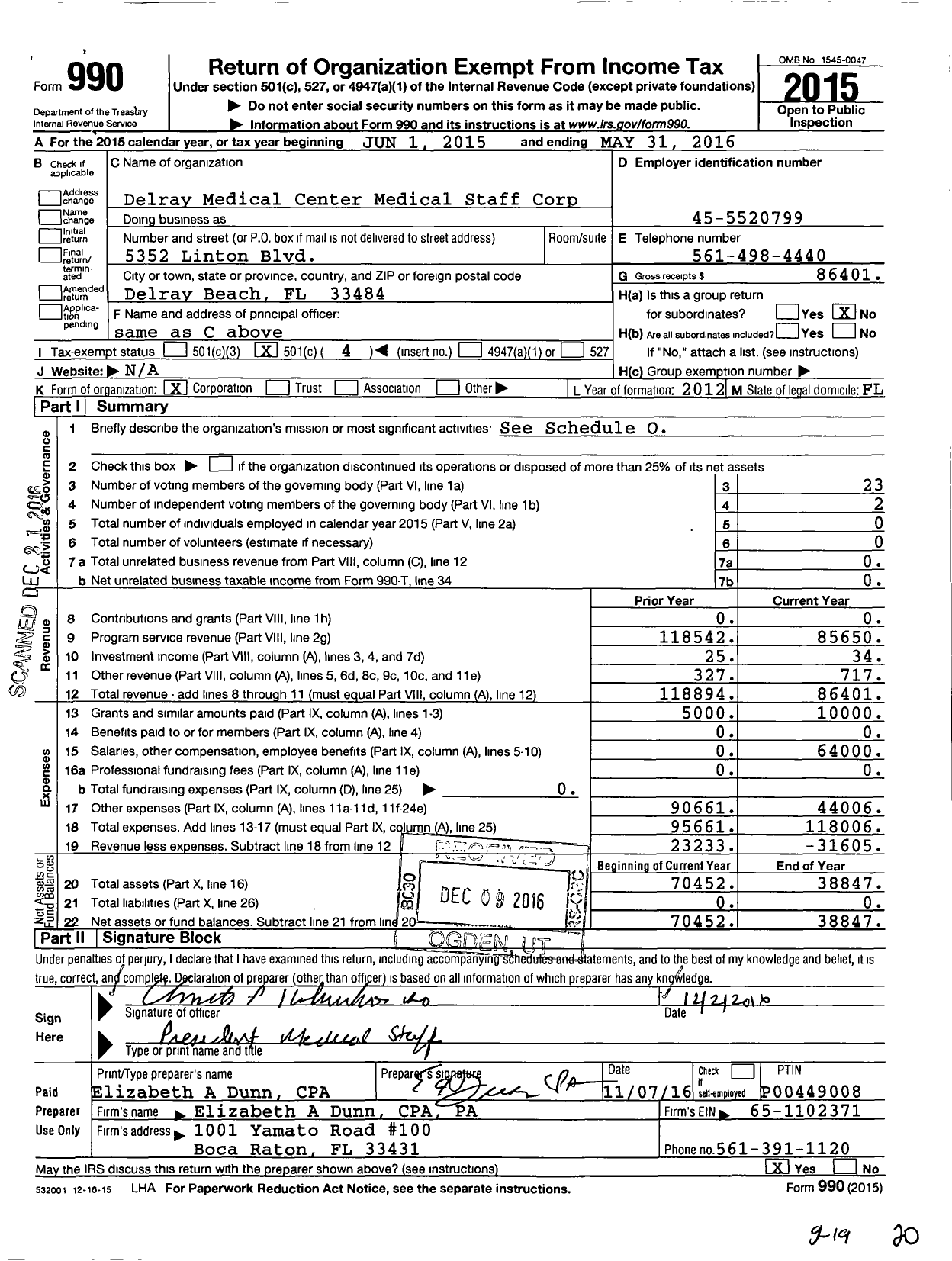 Image of first page of 2015 Form 990O for Delray Medical Center Medical Staff Corp