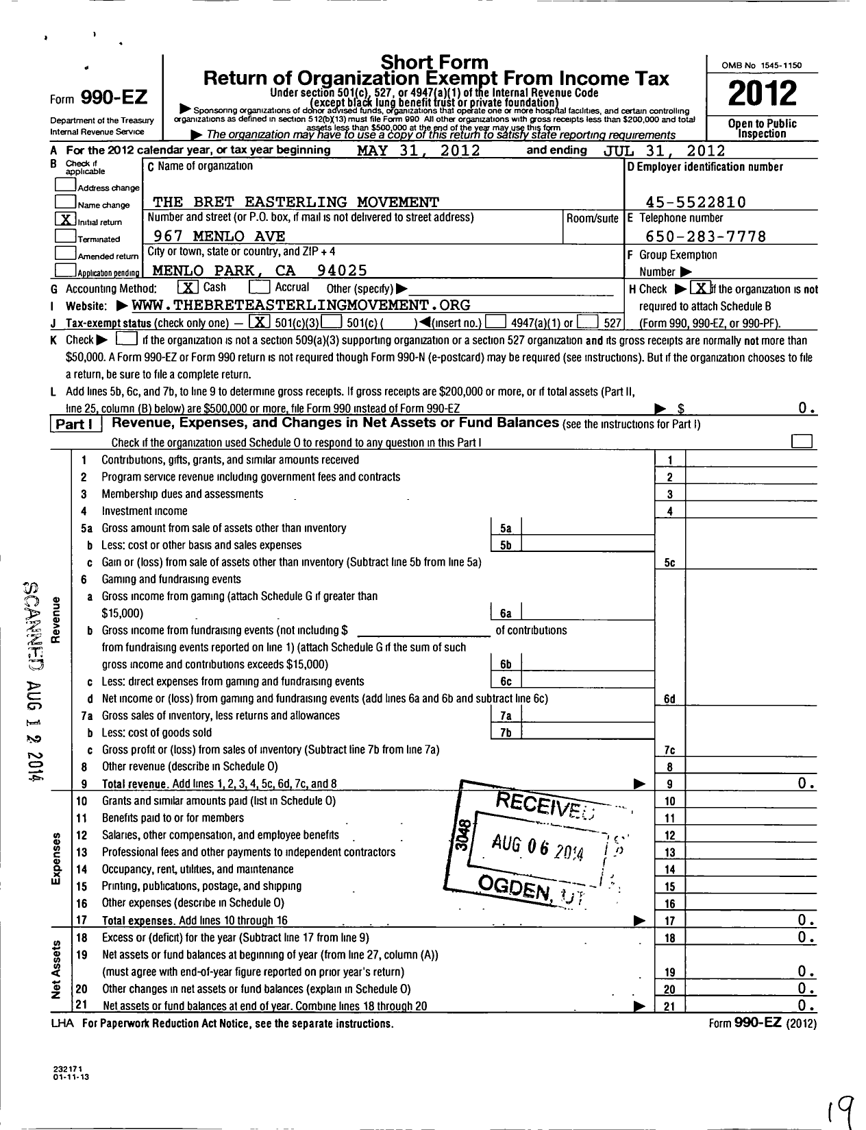 Image of first page of 2011 Form 990EZ for Bret Easterling Movement