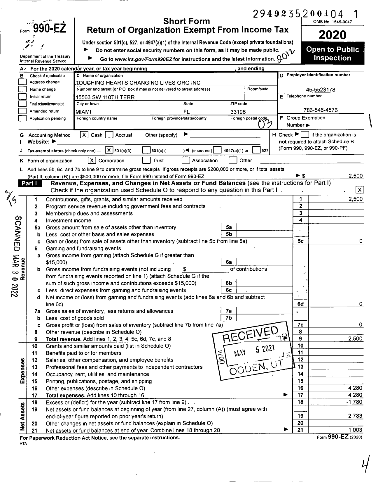 Image of first page of 2020 Form 990EZ for Touching Hearts Changing Lives Org