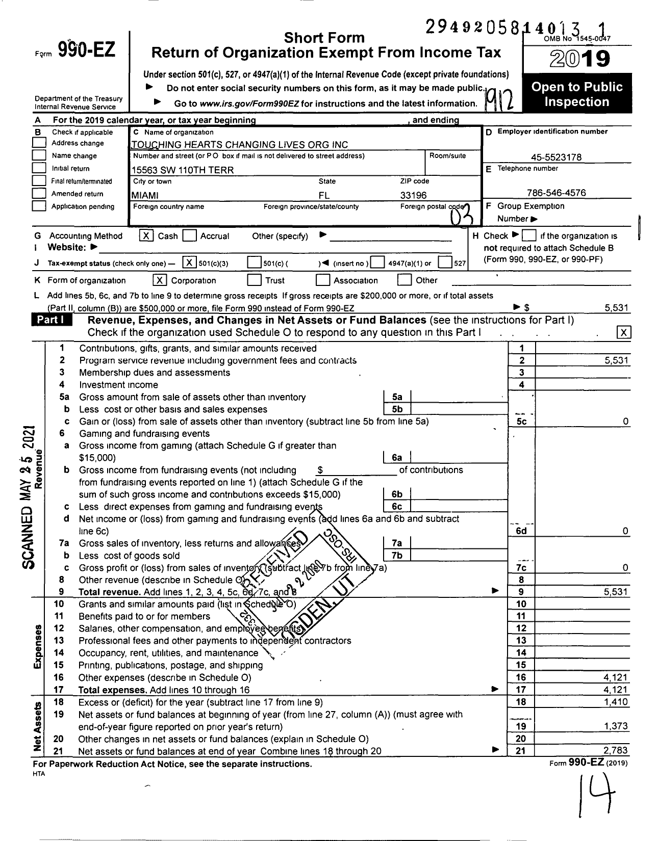 Image of first page of 2019 Form 990EZ for Touching Hearts Changing Lives Org