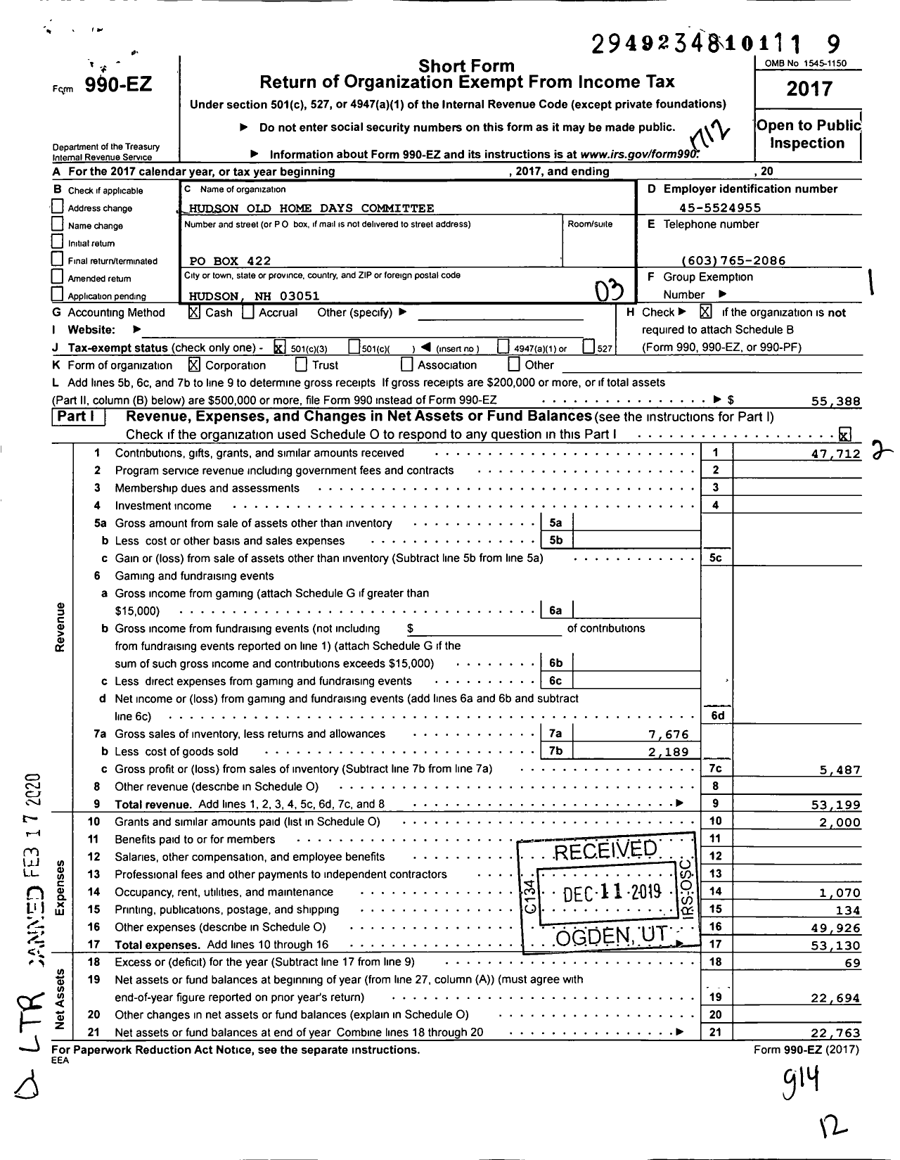 Image of first page of 2017 Form 990EZ for Hudson Old Home Days Committee