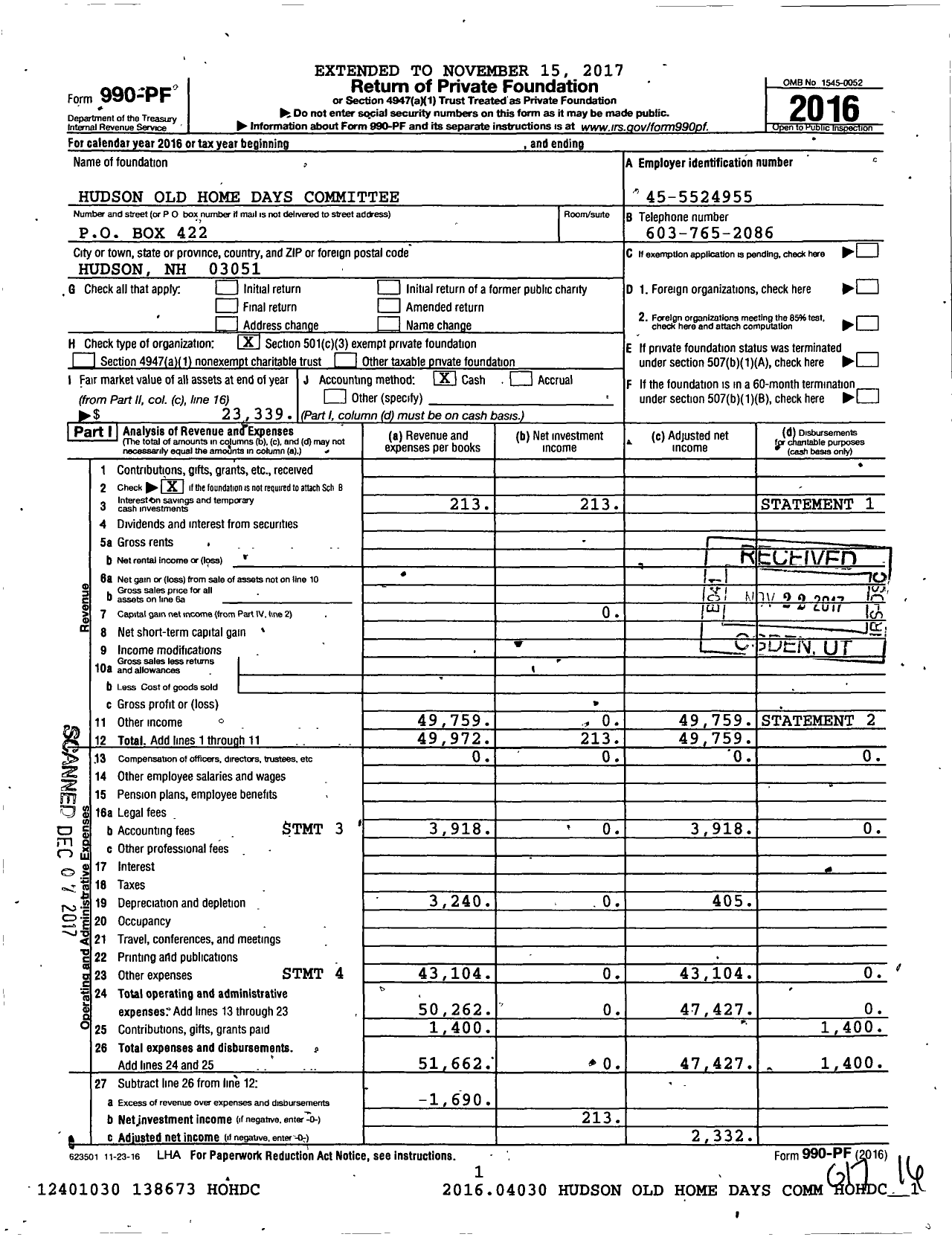 Image of first page of 2016 Form 990PF for Hudson Old Home Days Committee